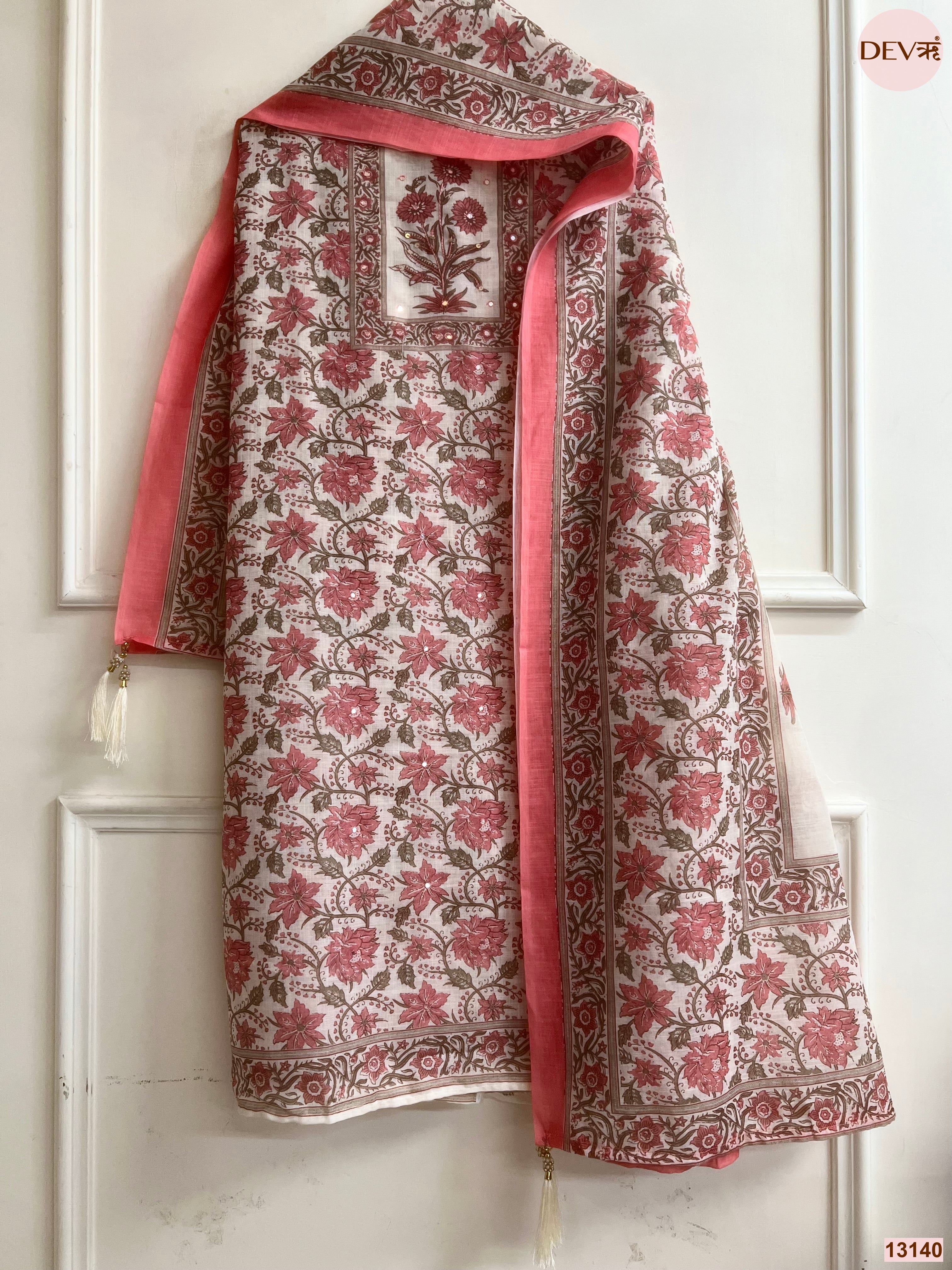 Off White Linen Printed Unstitched 3-Piece Suit (Devri – D.No 13140)