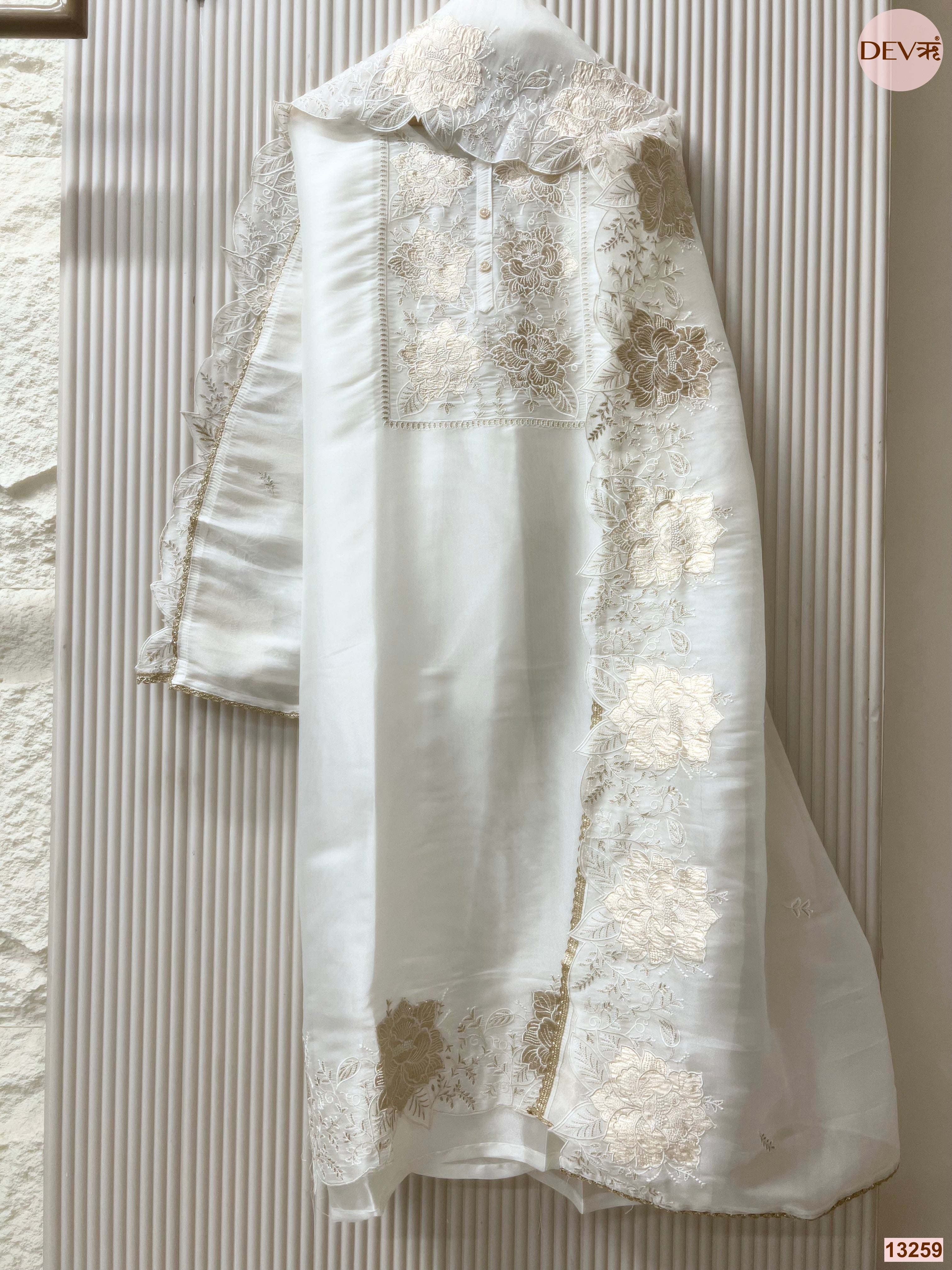 Off White Tissue Shimmer Silk Embroidered Unstitched 3-Piece Suit (Devri – D.No 13259)