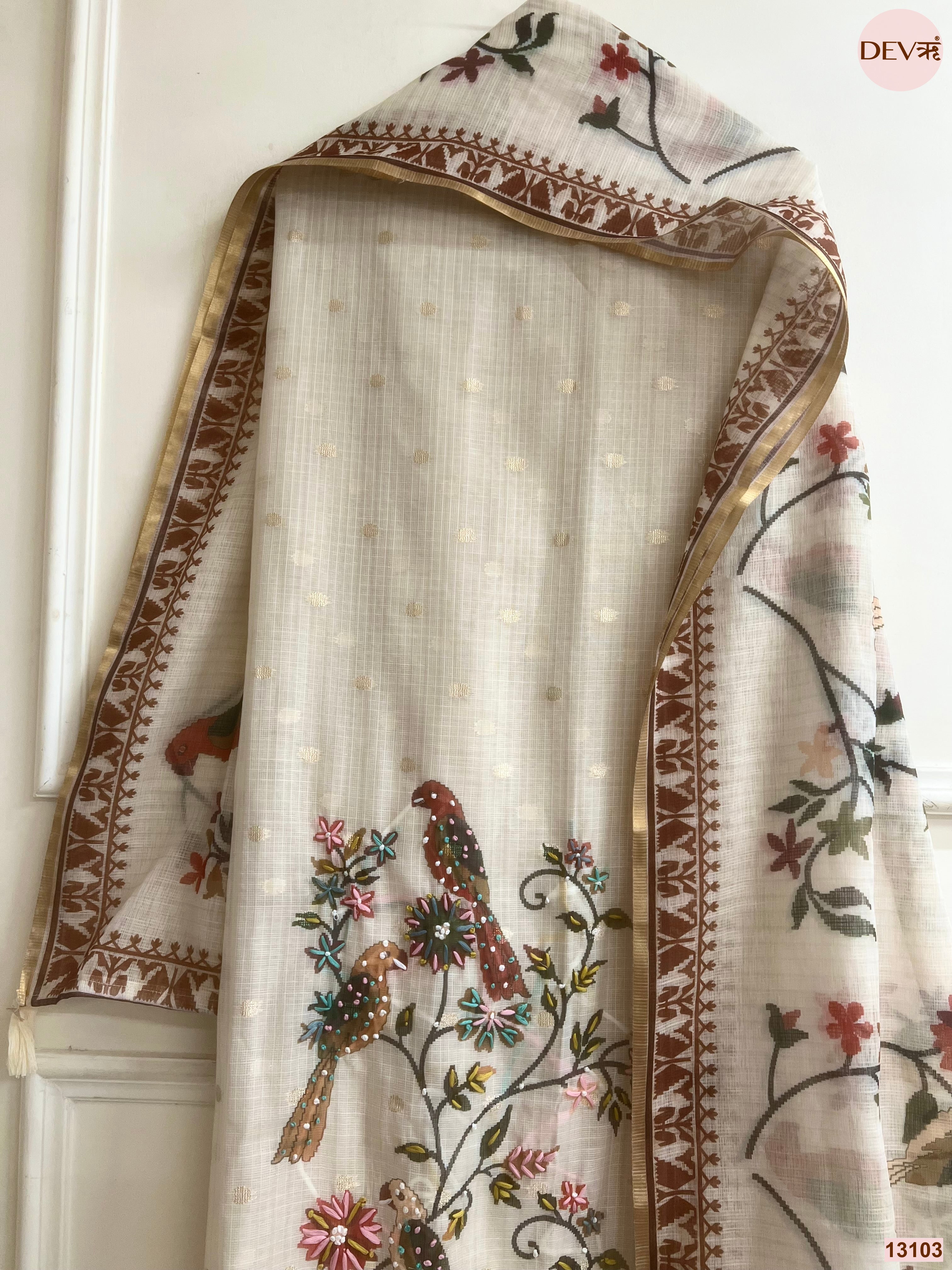 Cream Kota Printed Unstitched 3-Piece Suit (Devri – D.No 13103)