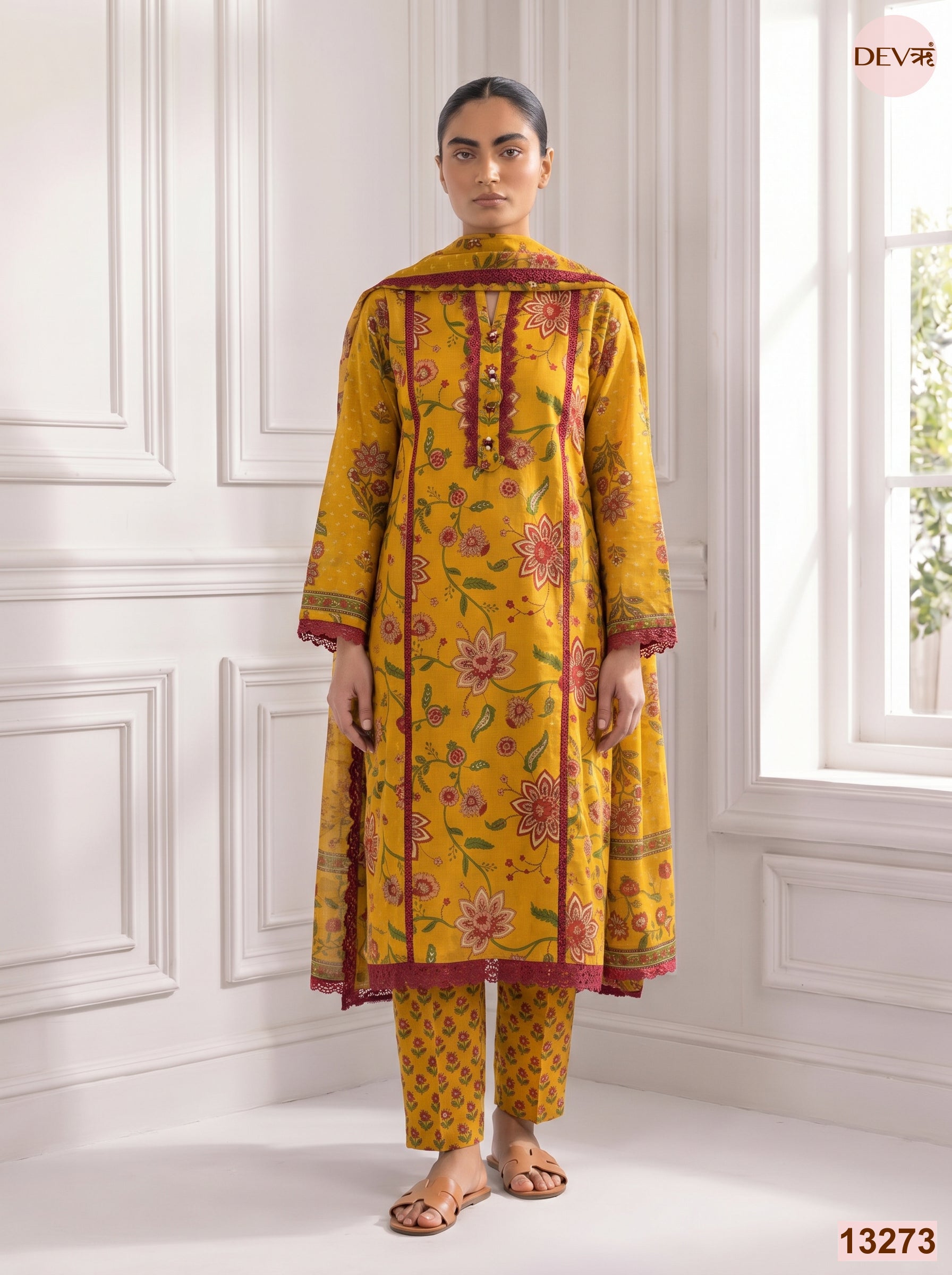 Yellow Cotton Printed Unstitched 3-Piece Suit (Devri – D.No 13273)