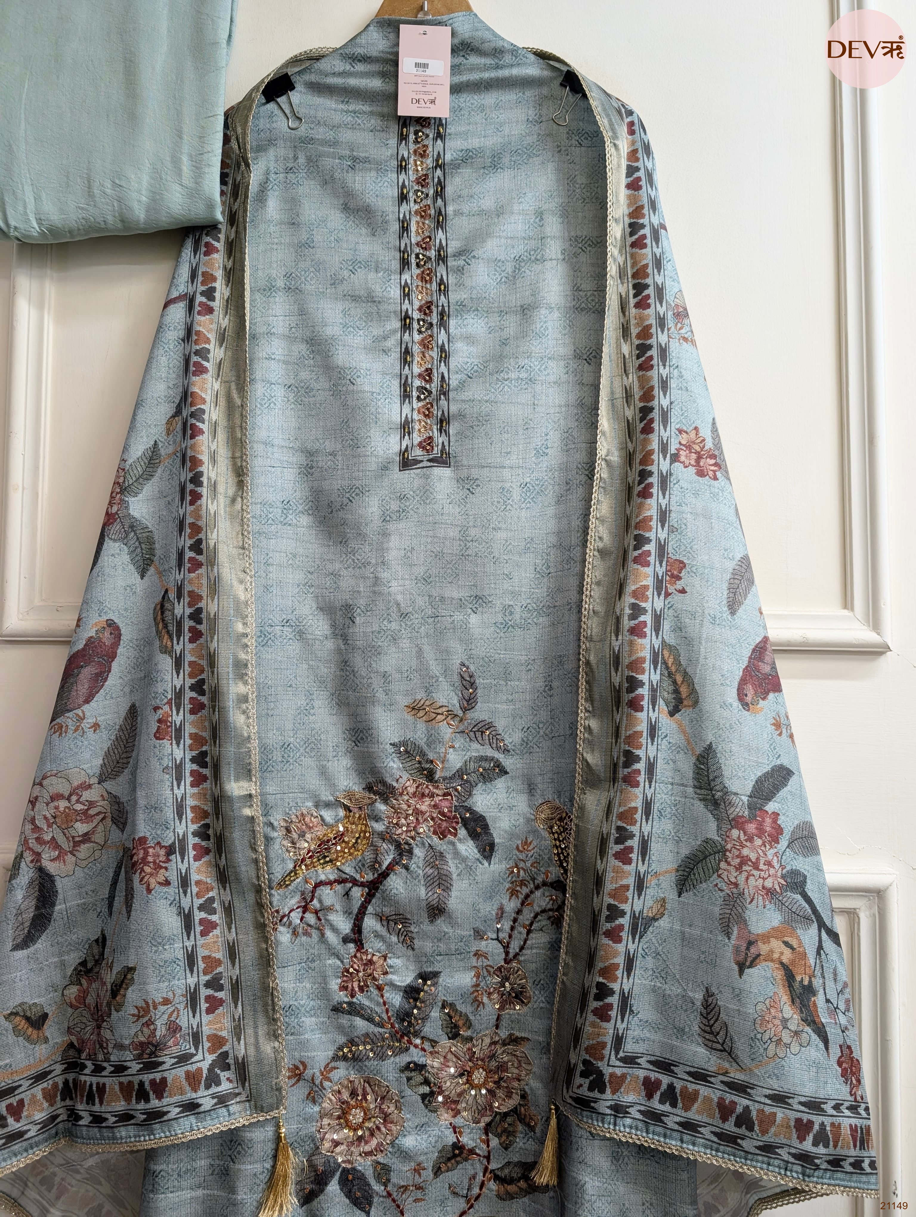 Blue Mul Chanderi Silk Printed Unstitched 3-Piece Suit (Devri – D.No 21149)