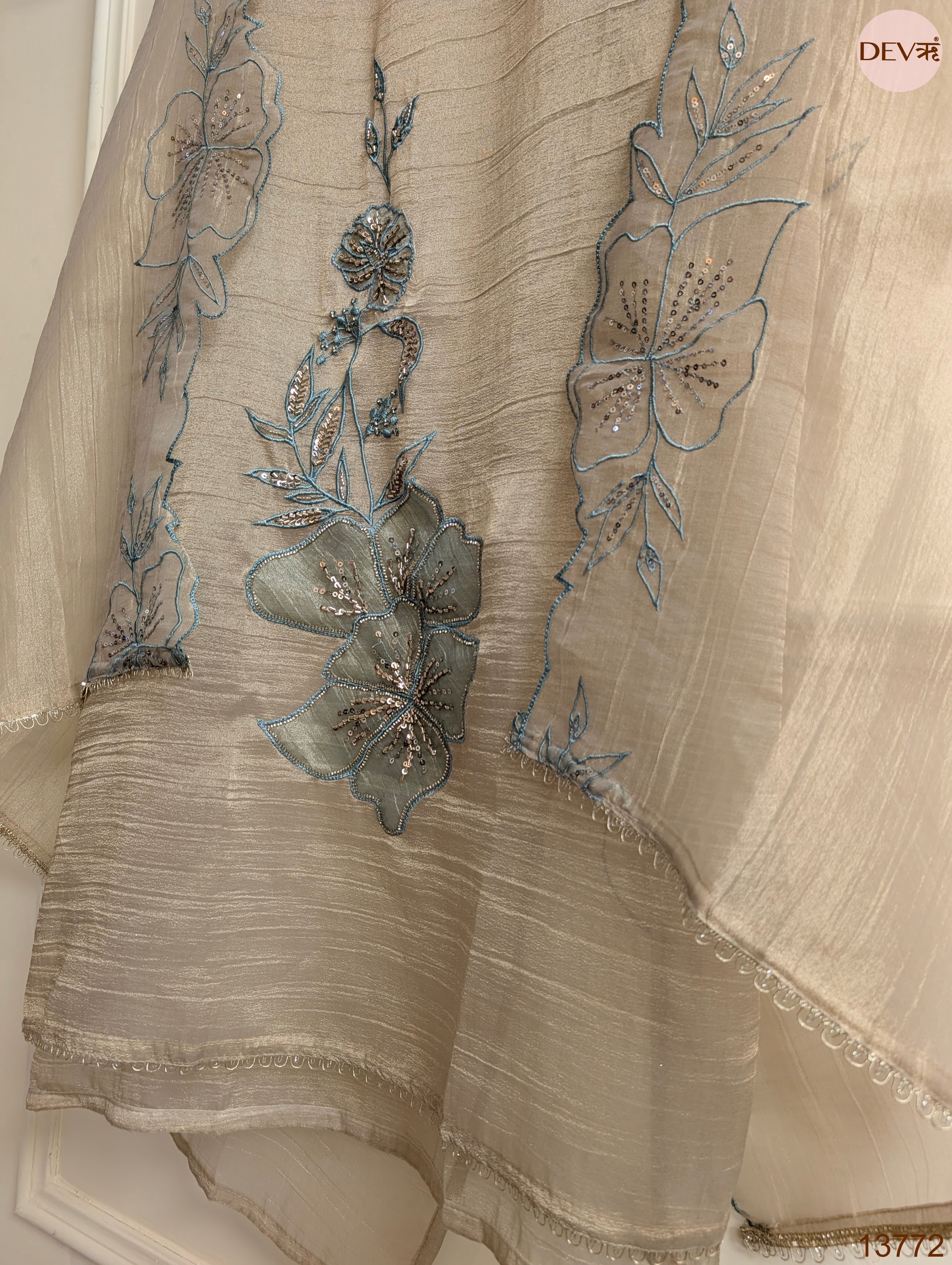 Taupe Crush Tissue Silk Embroidered Unstitched 3-Piece Suit (Devri – D.No 13772)
