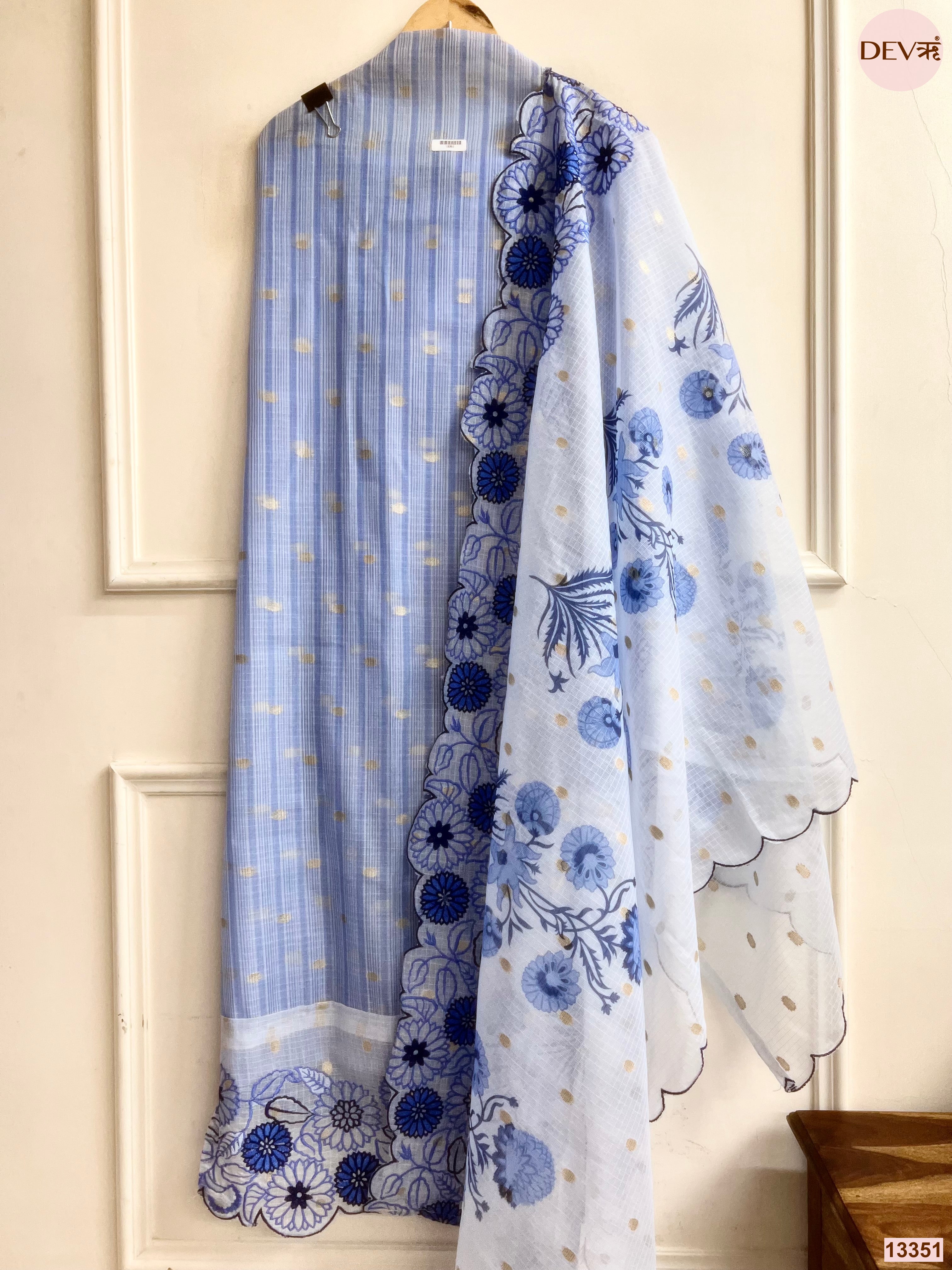 Blue Zari Kota Printed Unstitched 3-Piece Suit (Devri – D.No 13351)