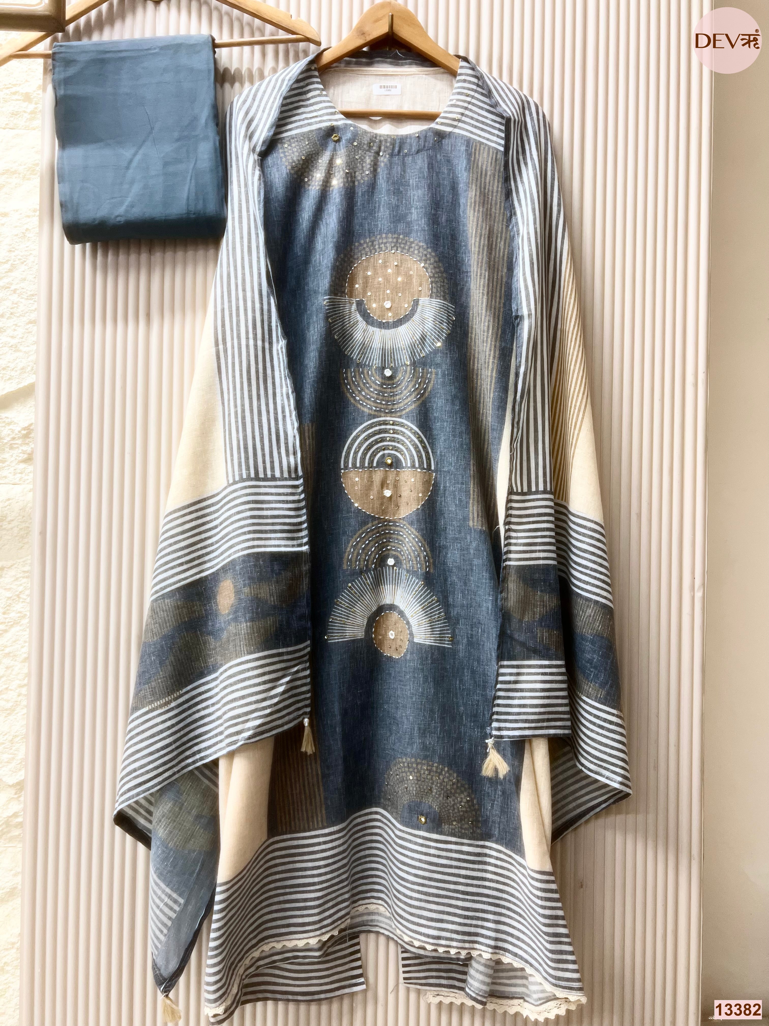 Blue Khadi Cotton Printed Unstitched 3-Piece Suit (Devri – D.No 13382)