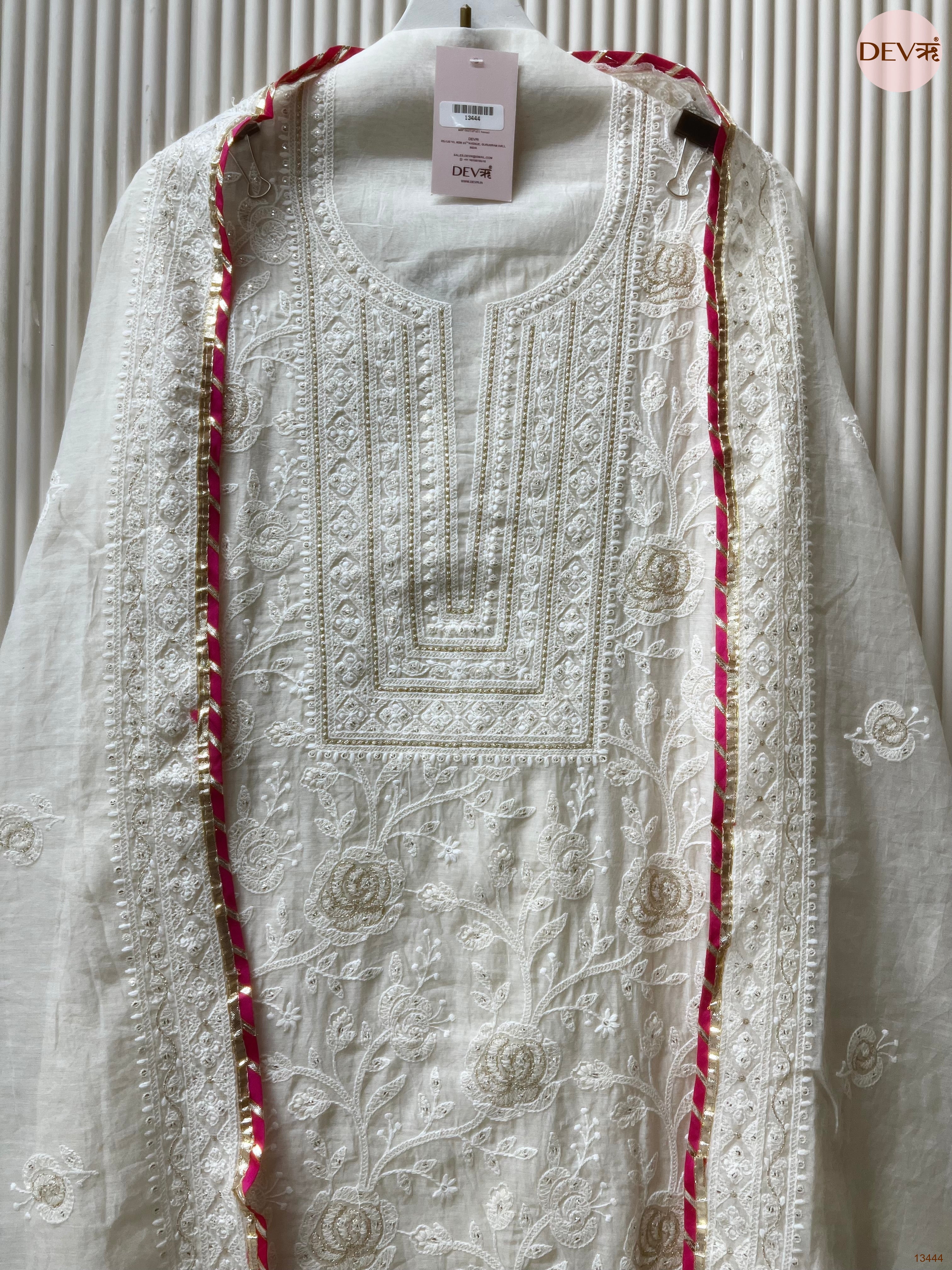 White Mul chanderi Embroidered Unstitched 3-Piece Suit (Devri – D.No 13444)