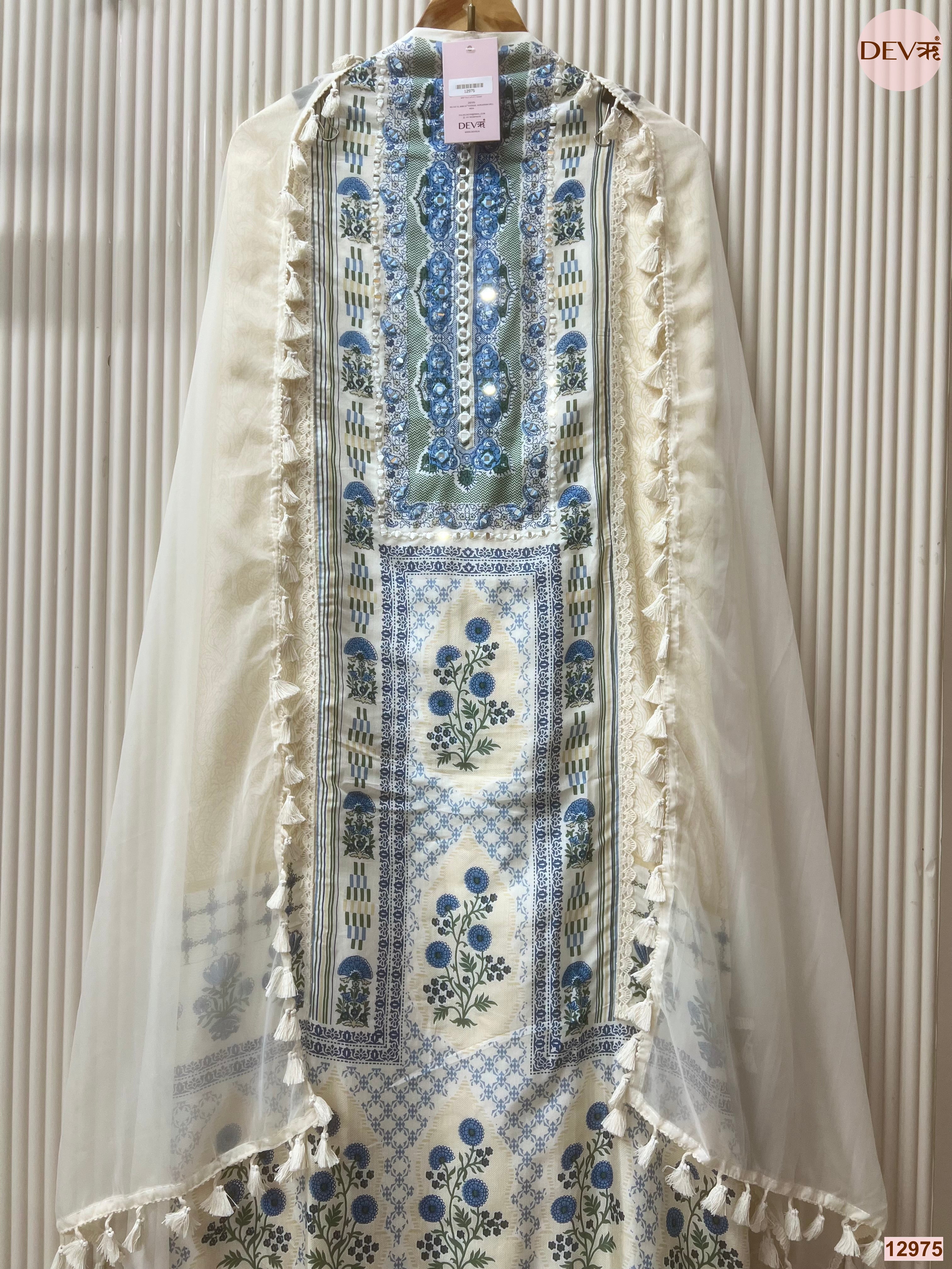 Cream Muslin Printed Unstitched 3-Piece Suit (Devri – D.No 12975)