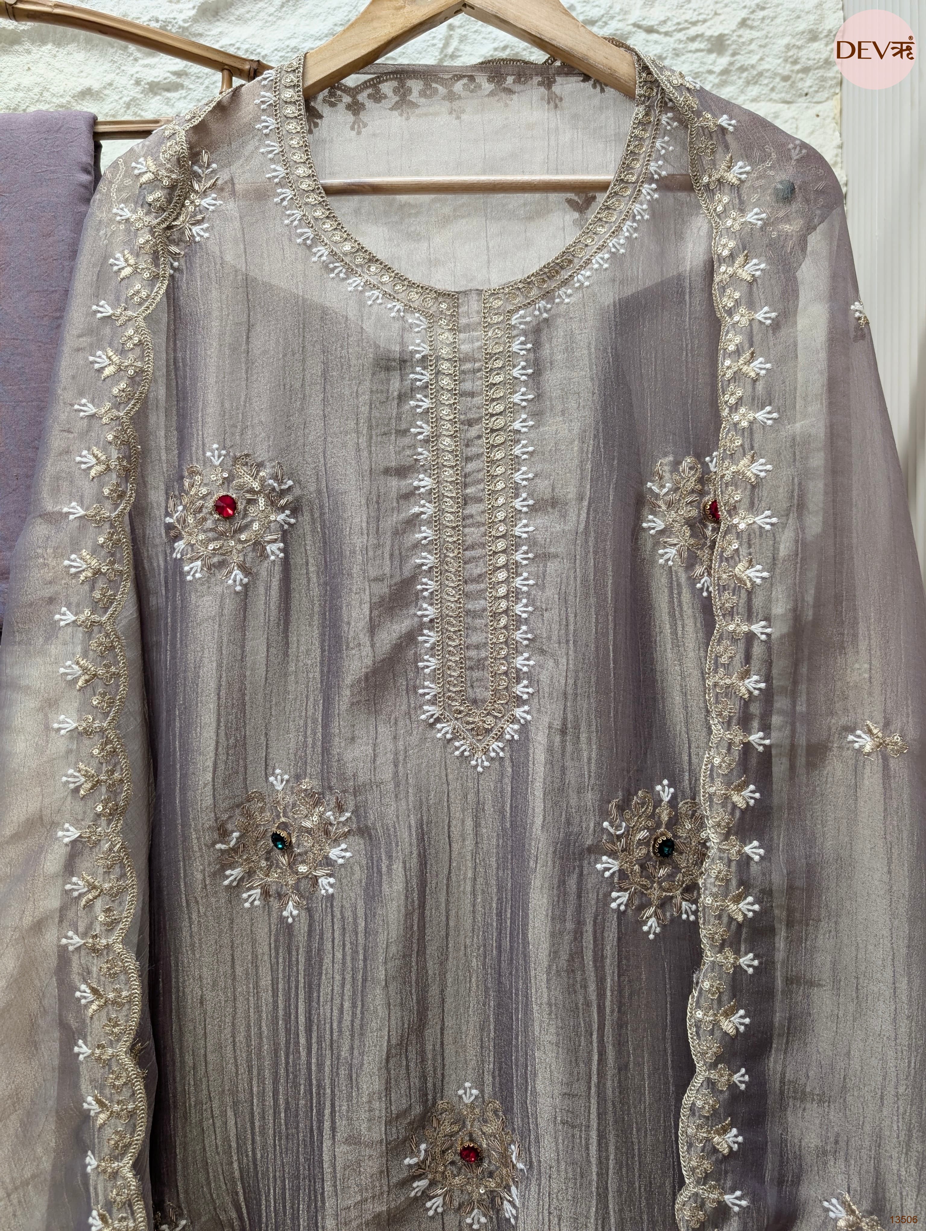 Mauve Tissue Crush Silk Embroidered Unstitched 3-Piece Suit (Devri – D.No 13506)