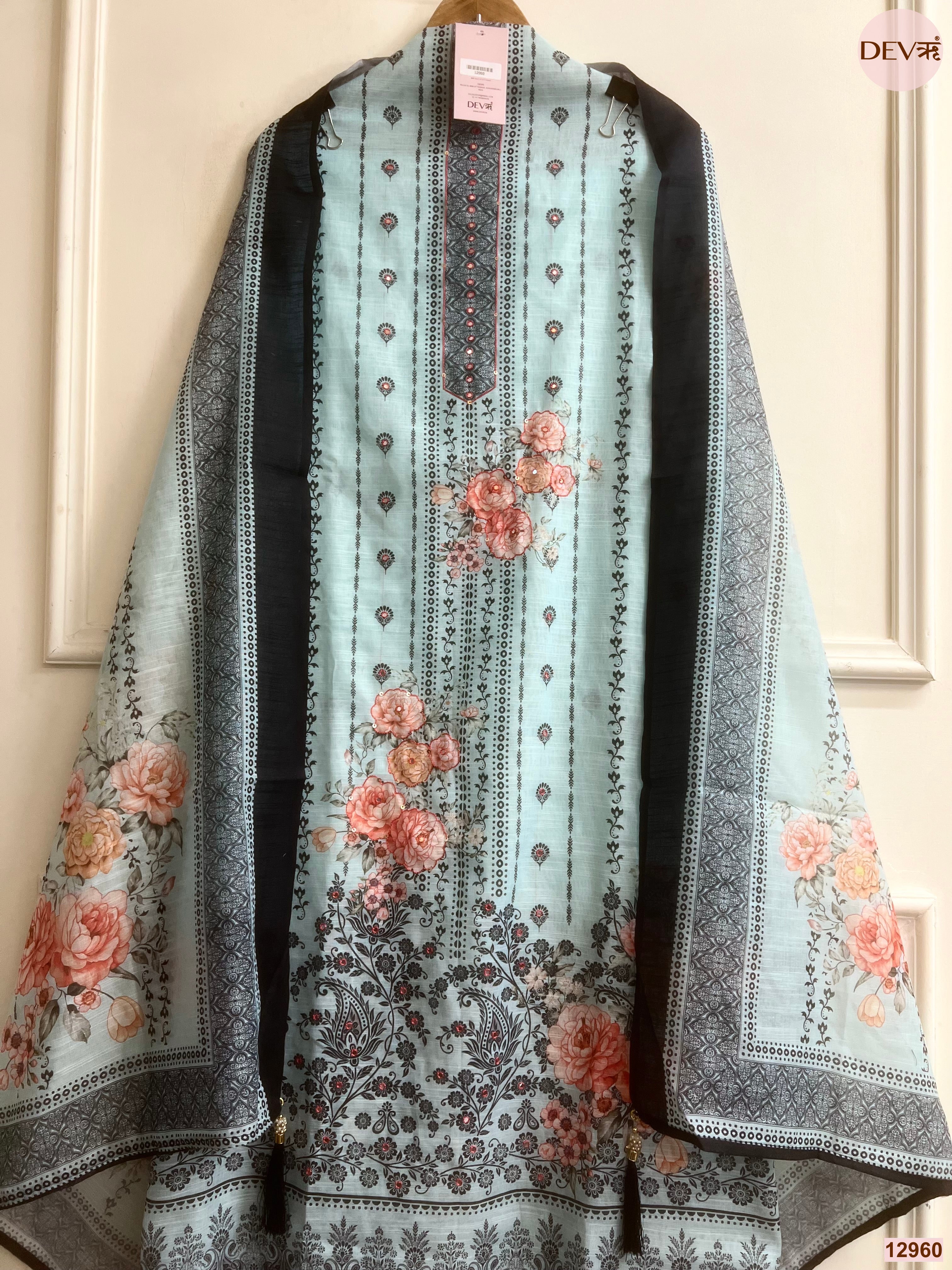 Blue Linen Cotton Printed Unstitched 3-Piece Suit (Devri – D.No 12960)