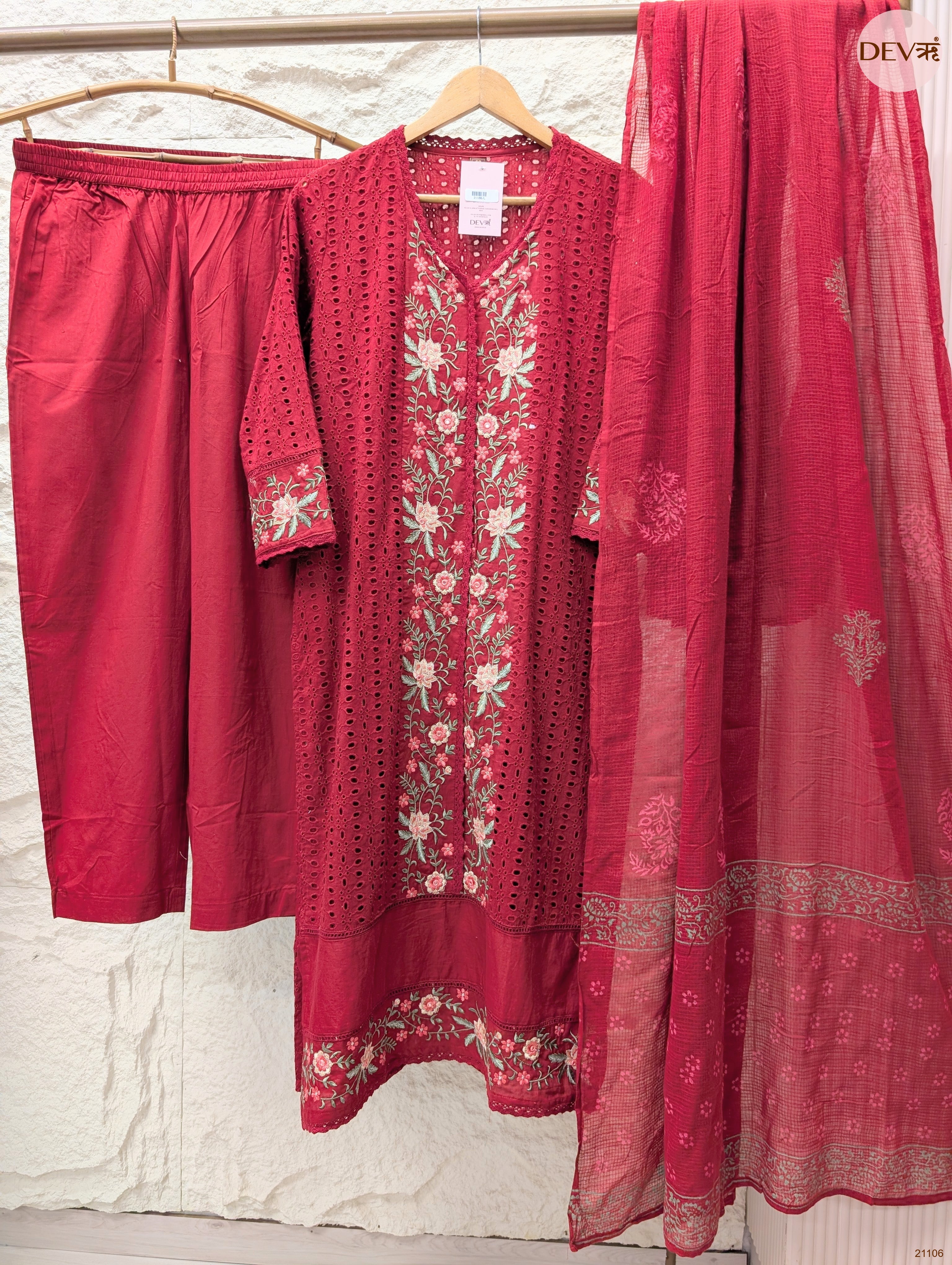 Gulnaar Pure cotton Embroidered Maroon 3-Piece Set (Devri – D.No 21106)