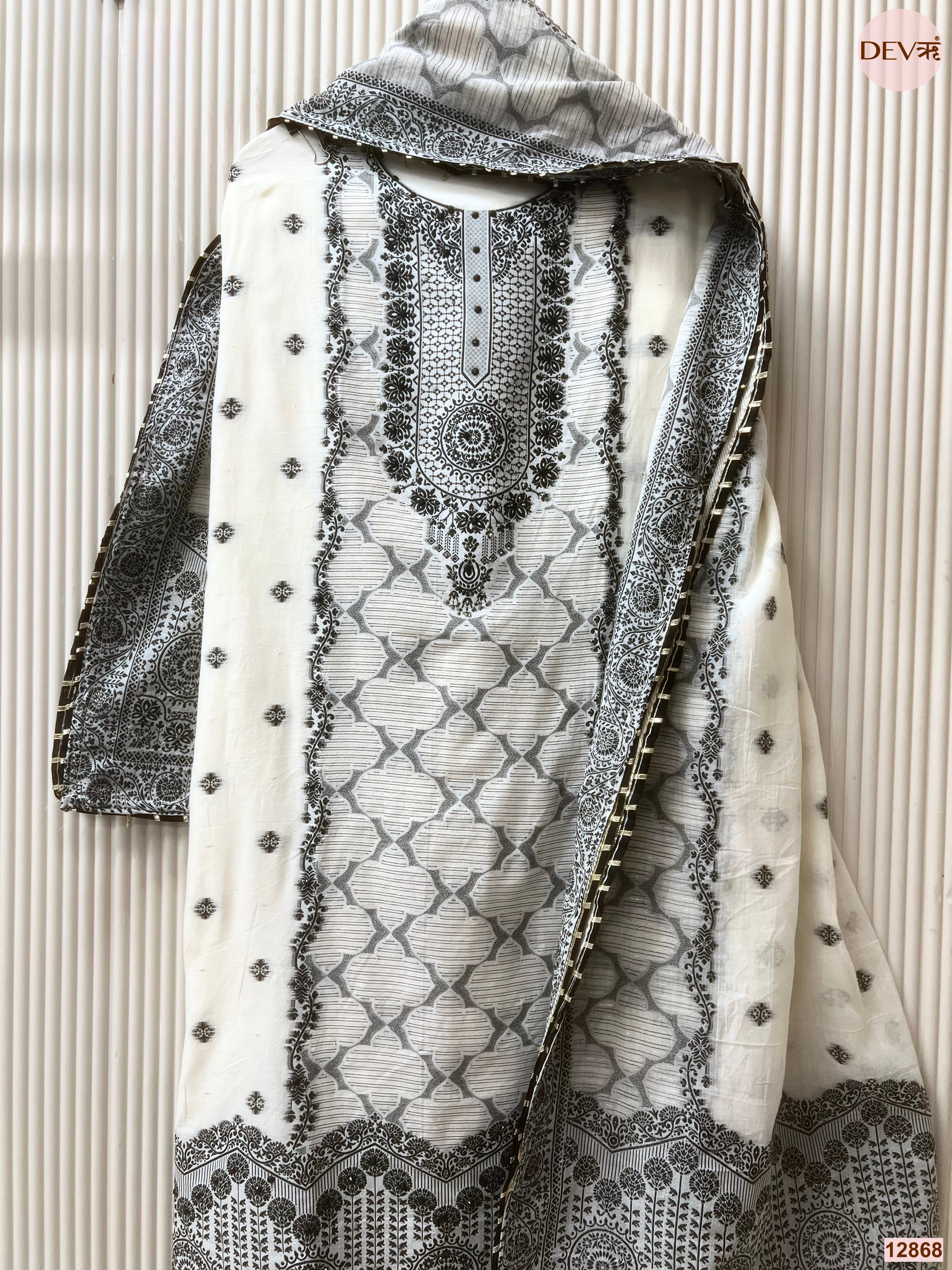 White Jamdani Cotton Printed Unstitched 3-Piece Suit (Devri – D.No 12868)