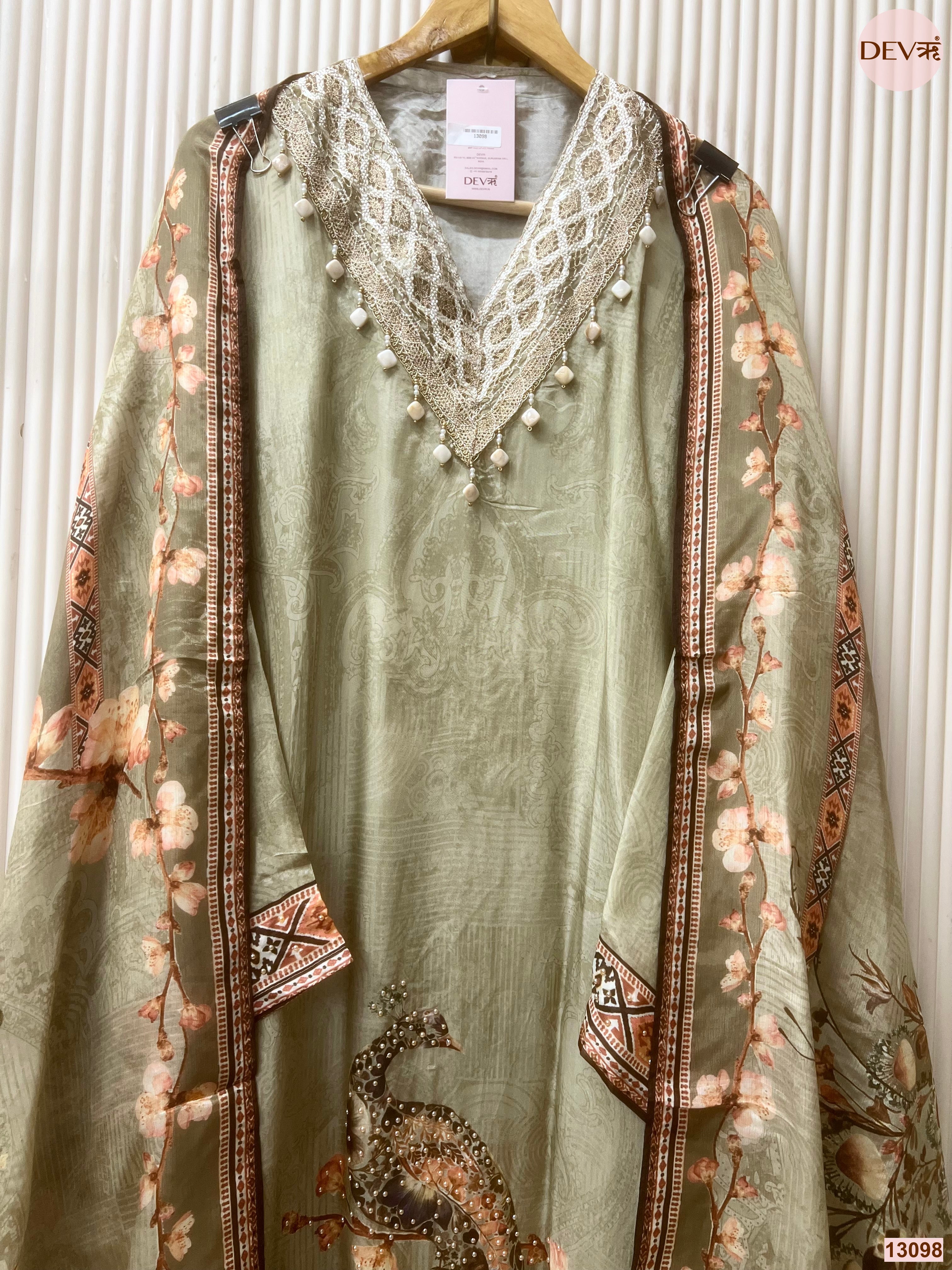 Green Tissue Organza Printed Unstitched 3-Piece Suit (Devri – D.No 13098)