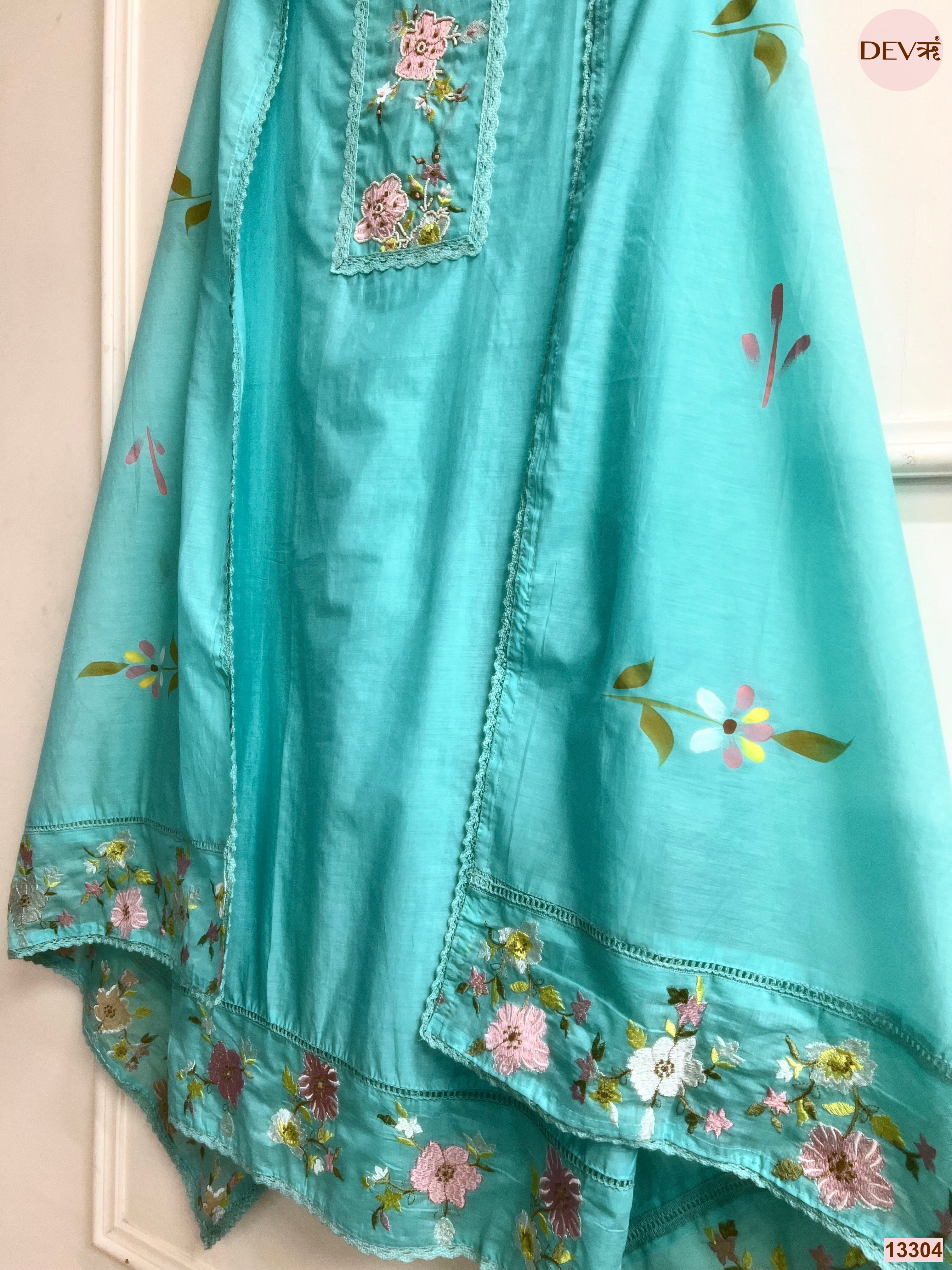 Turquoise Mul Cotton Embroidered Unstitched 3-Piece Suit (Devri – D.No 13304)