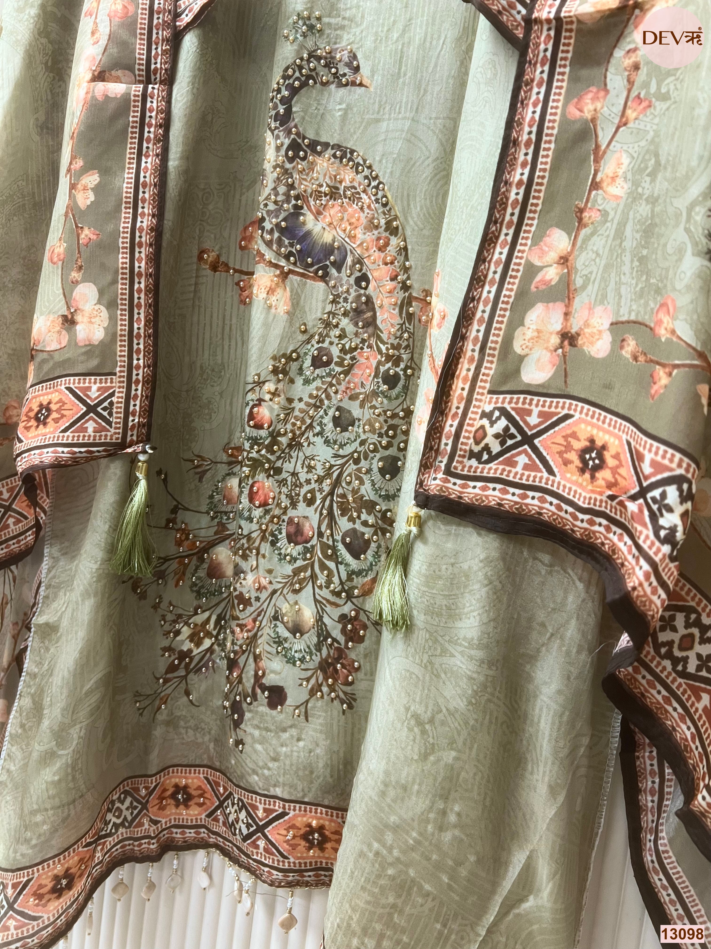 Green Tissue Organza Printed Unstitched 3-Piece Suit (Devri – D.No 13098)