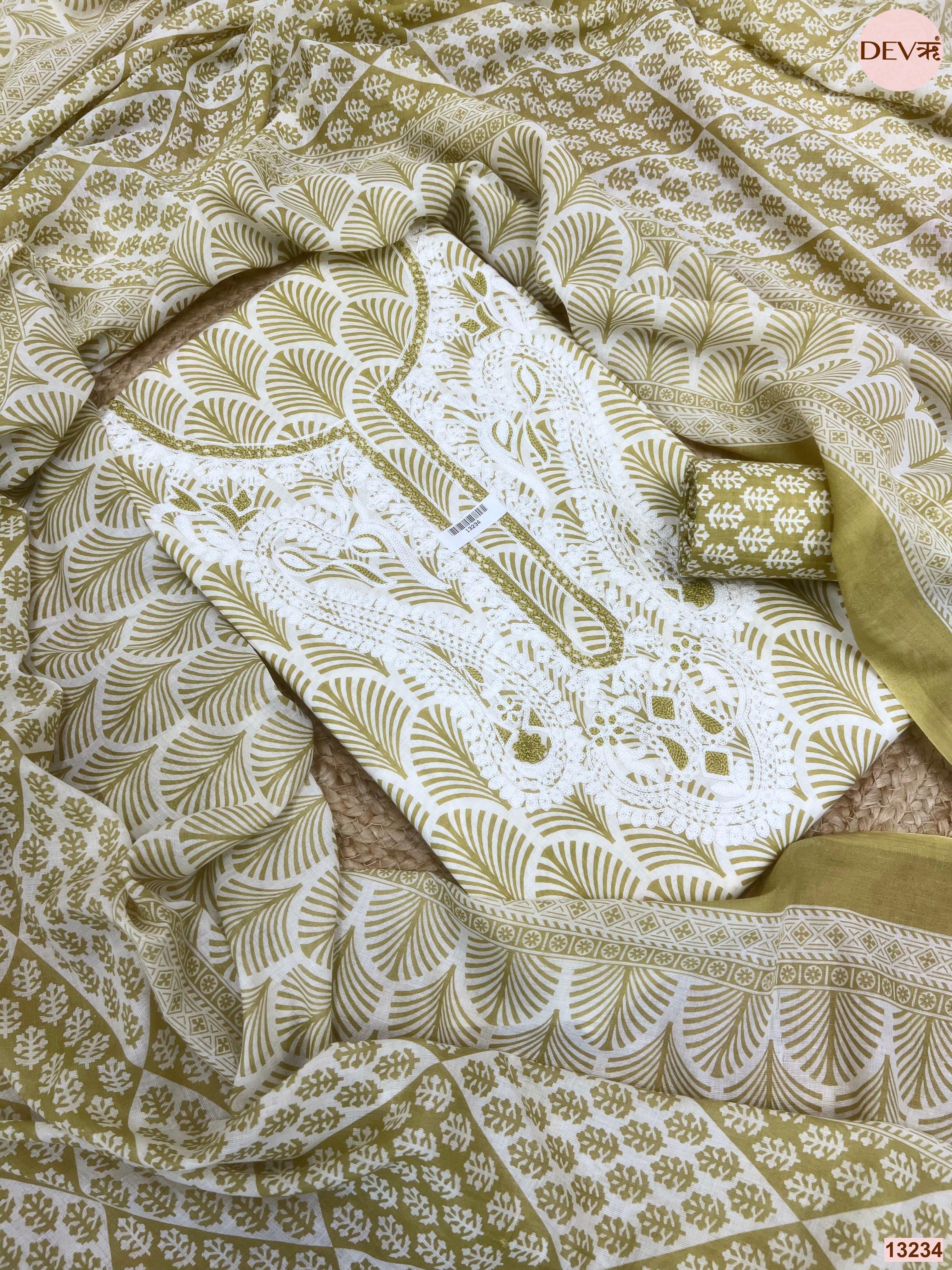 Olive Cotton Printed Unstitched 3-Piece Suit (Devri – D.No 13234)