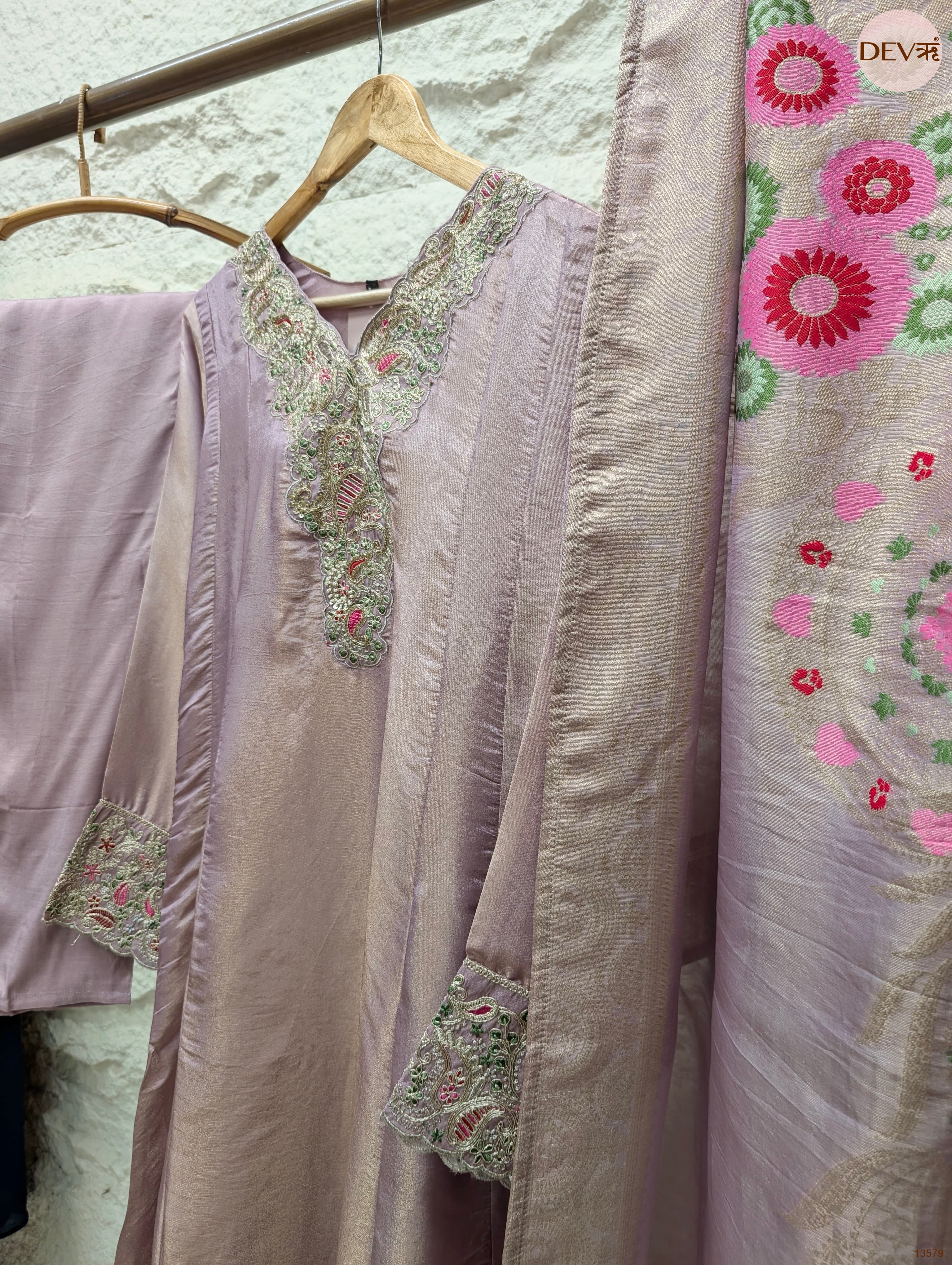 Gulnaar Pure Giraffe Silk Embroidered Lilac 3-Piece Set (Devri – D.No 13579)