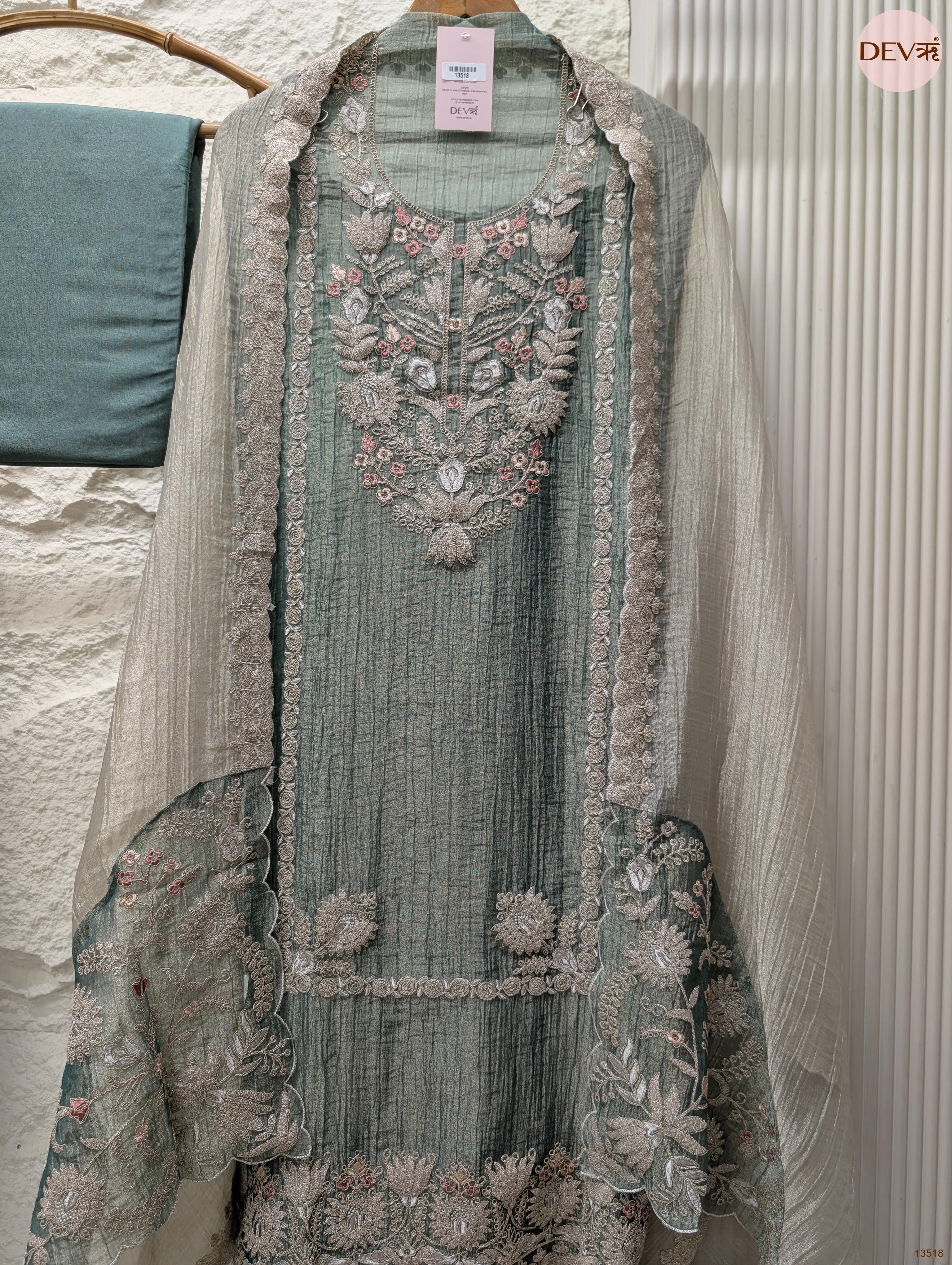 Green Tissue Silk Embroidered Unstitched 3-Piece Suit (Devri – D.No 13518)