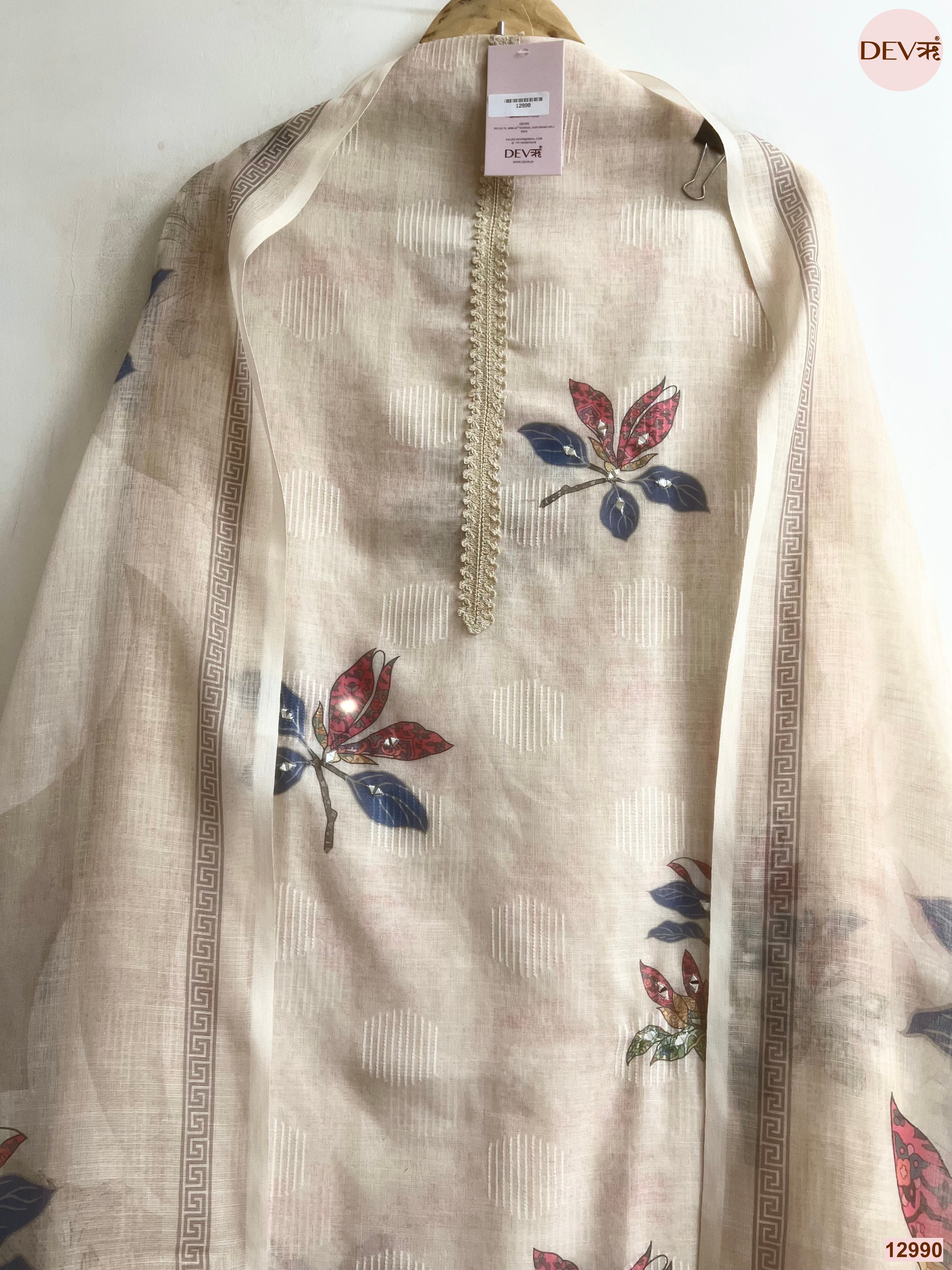 Cream Linen Printed Unstitched 3-Piece Suit (Devri – D.No 12990)