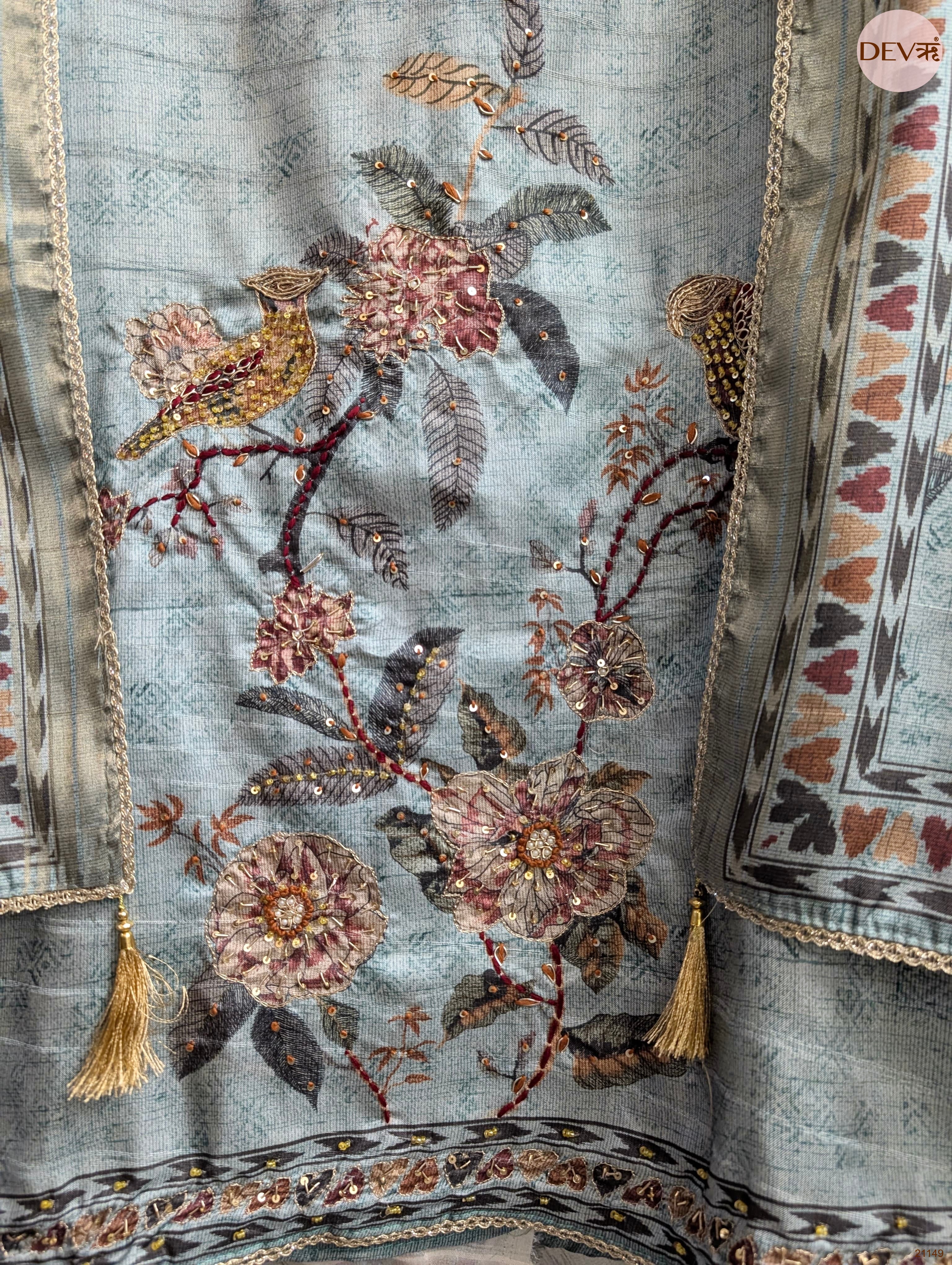 Blue Mul Chanderi Silk Printed Unstitched 3-Piece Suit (Devri – D.No 21149)
