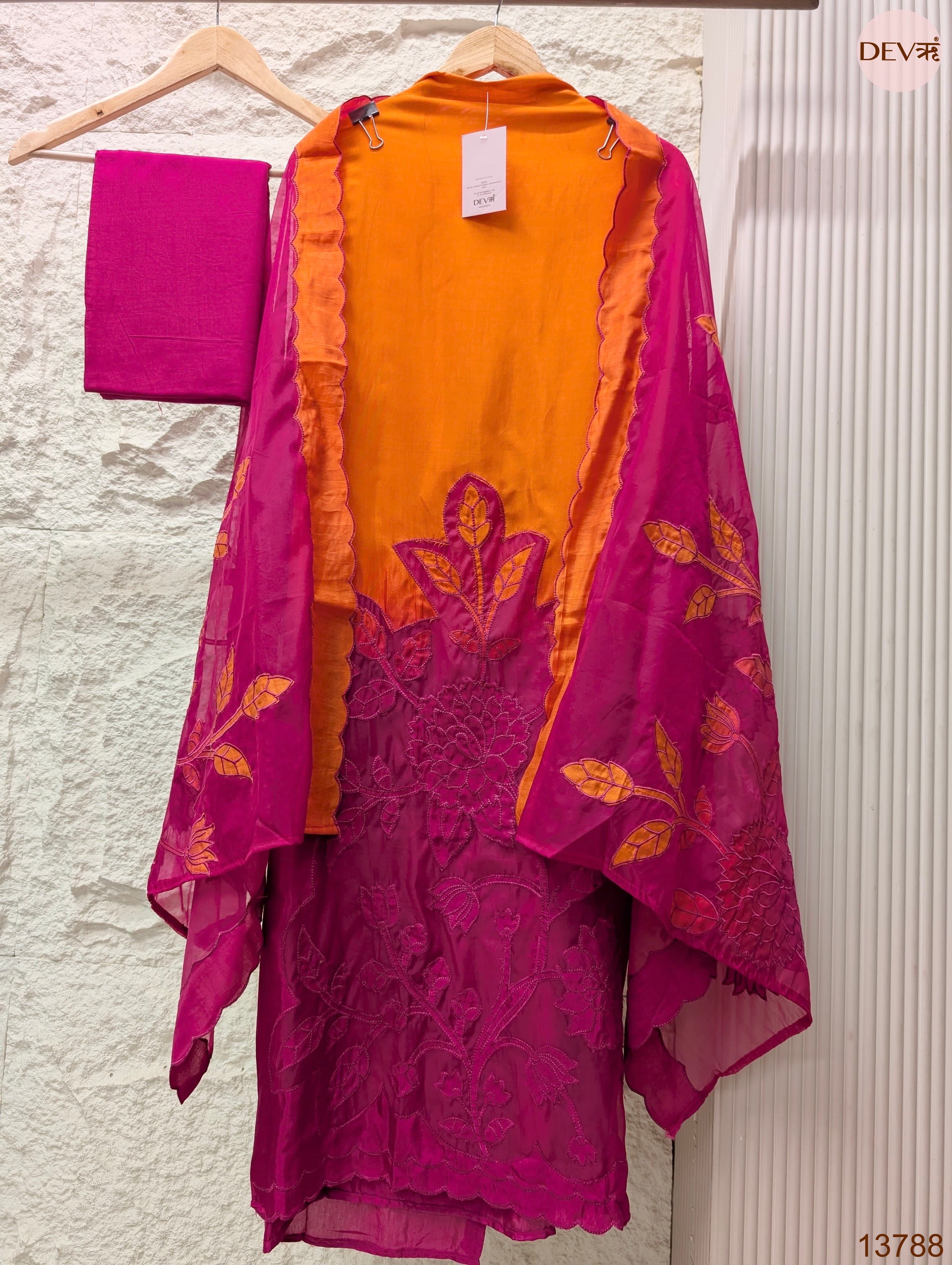 Orange Muslin Embroidered Unstitched 3-Piece Suit (Devri – D.No 13788)