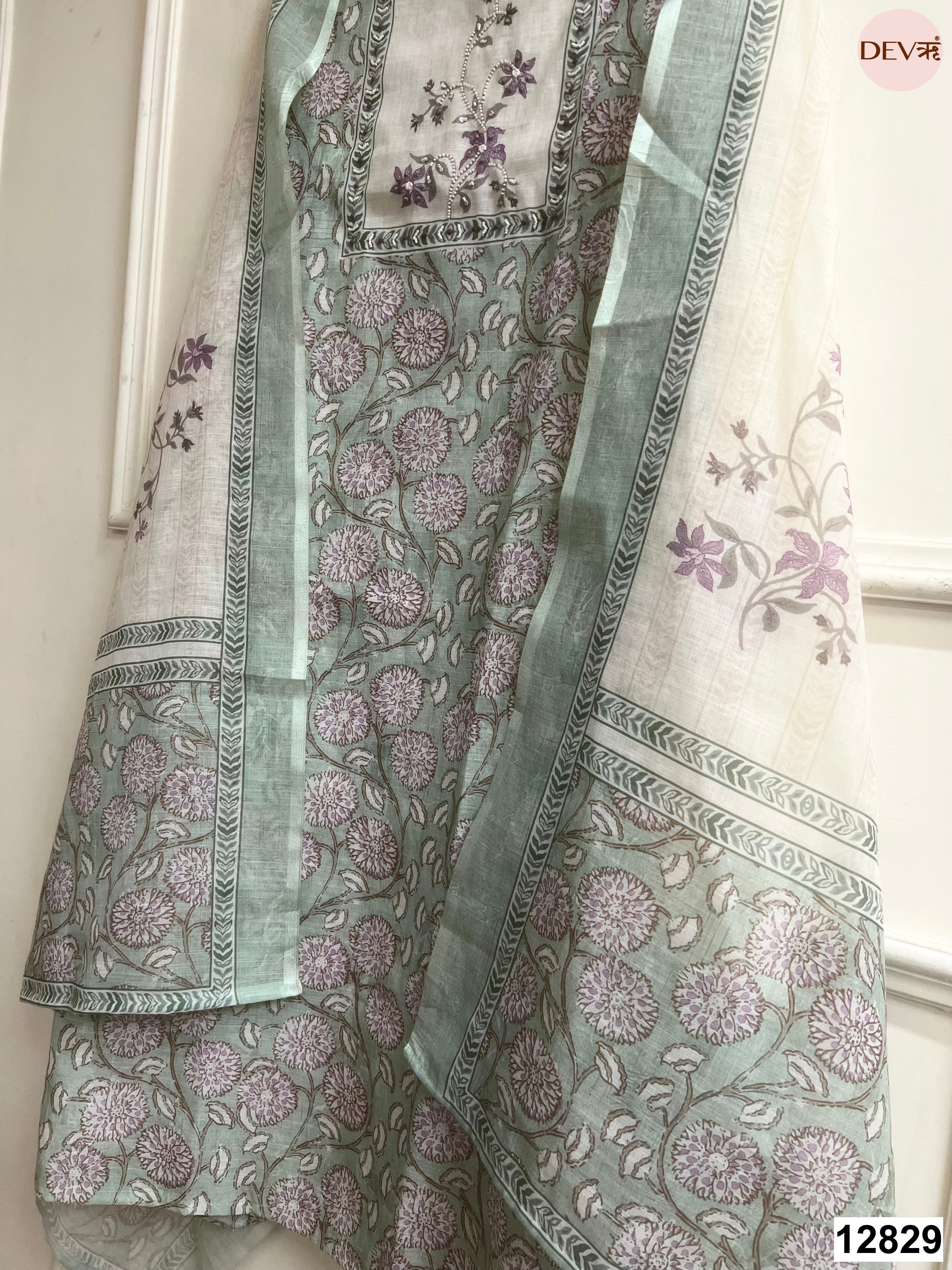 Sage Green Linen Cotton Printed Unstitched 3-Piece Suit (Devri – D.No 12829)