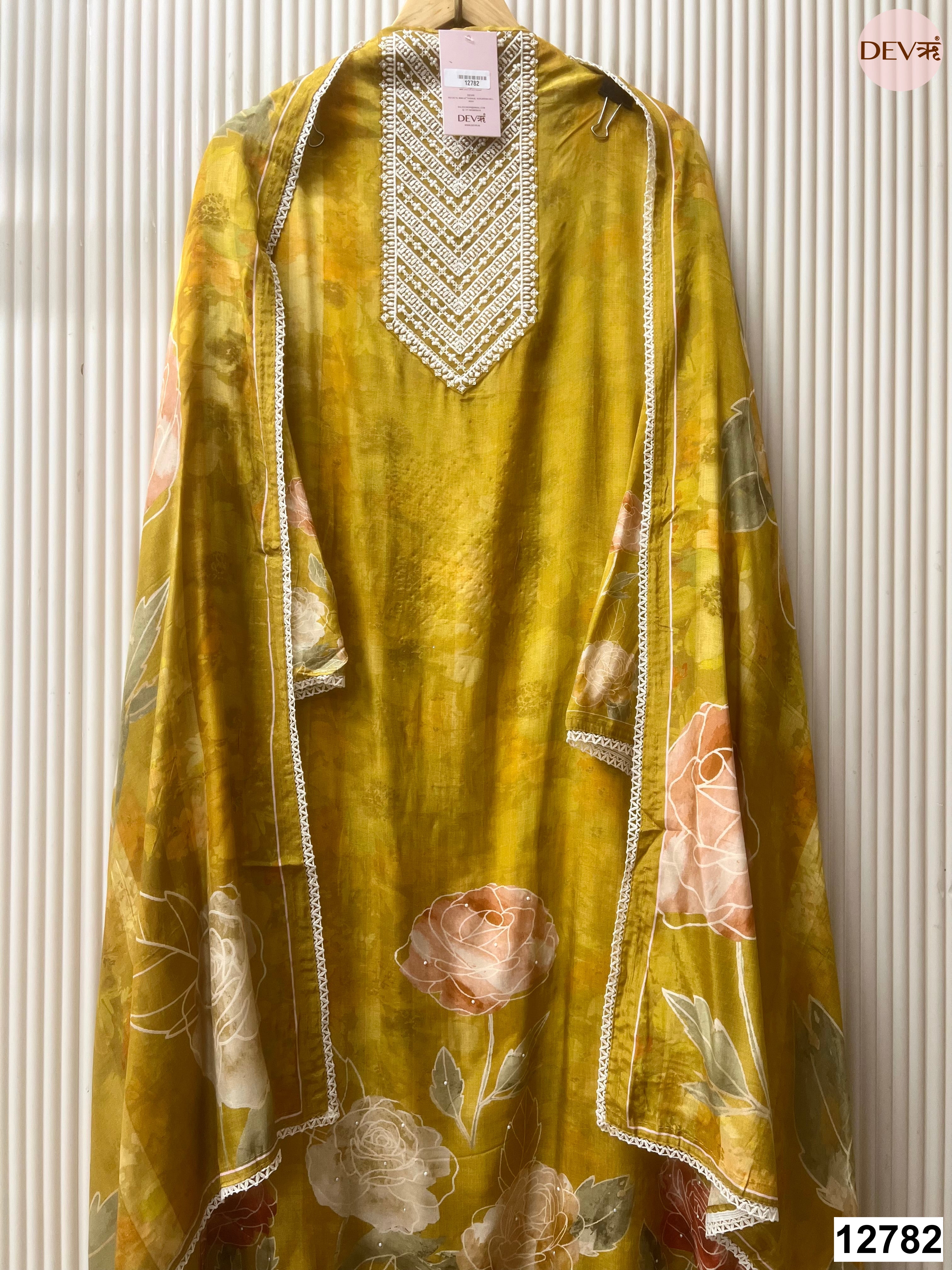 Mustard Muslin Printed Unstitched 3-Piece Suit (Devri – D.No 12782)