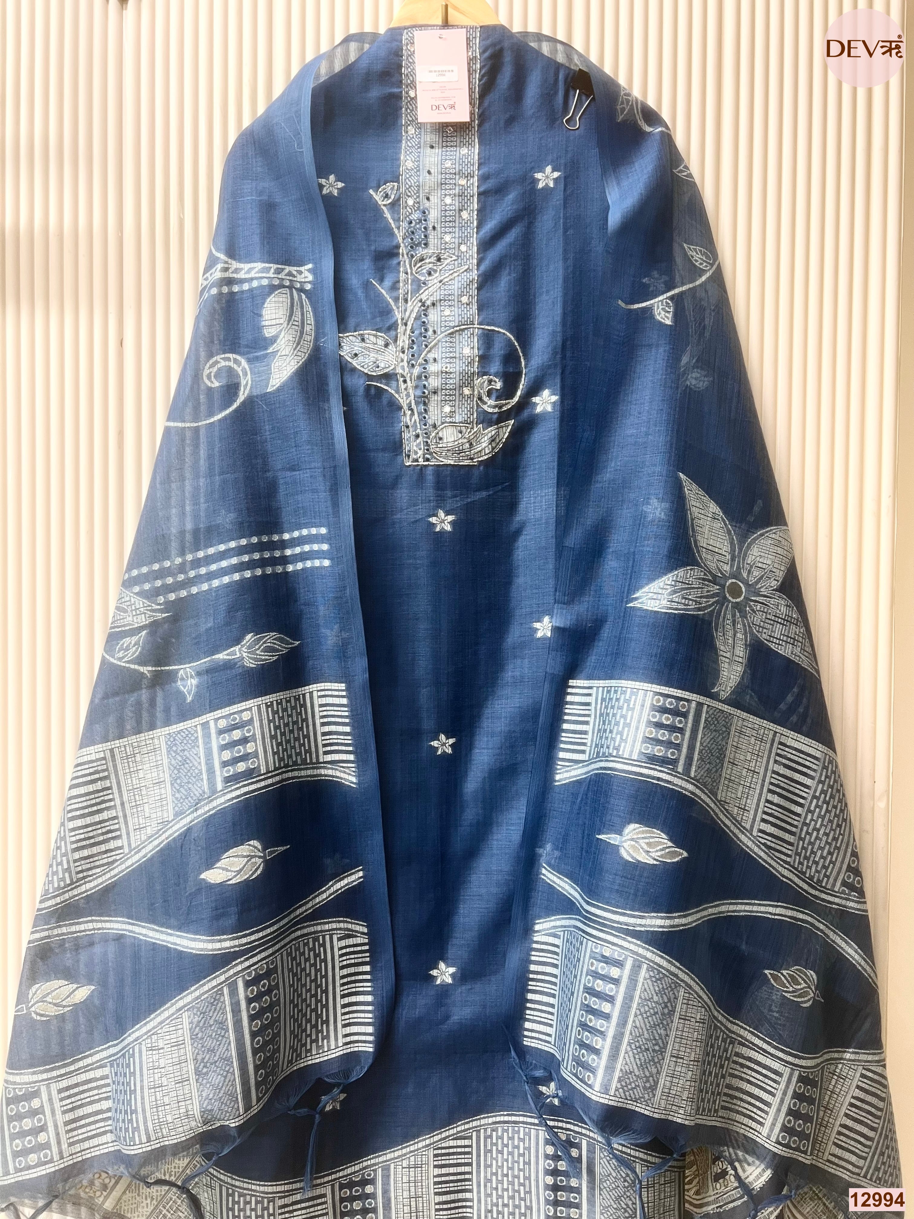 Blue Linen Cotton Printed Unstitched 3-Piece Suit (Devri – D.No 12994)