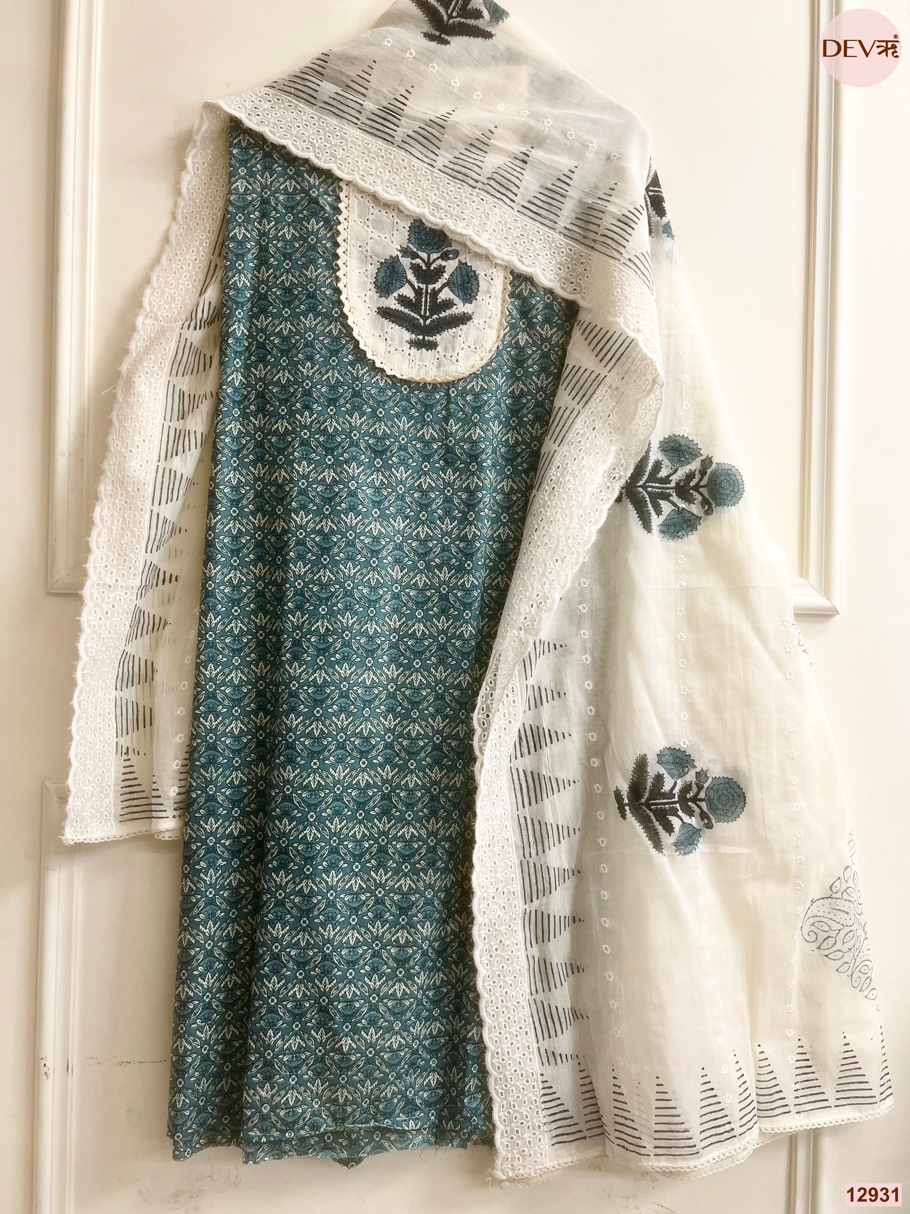 Teal Cotton Printed Unstitched 3-Piece Suit (Devri – D.No 12931)