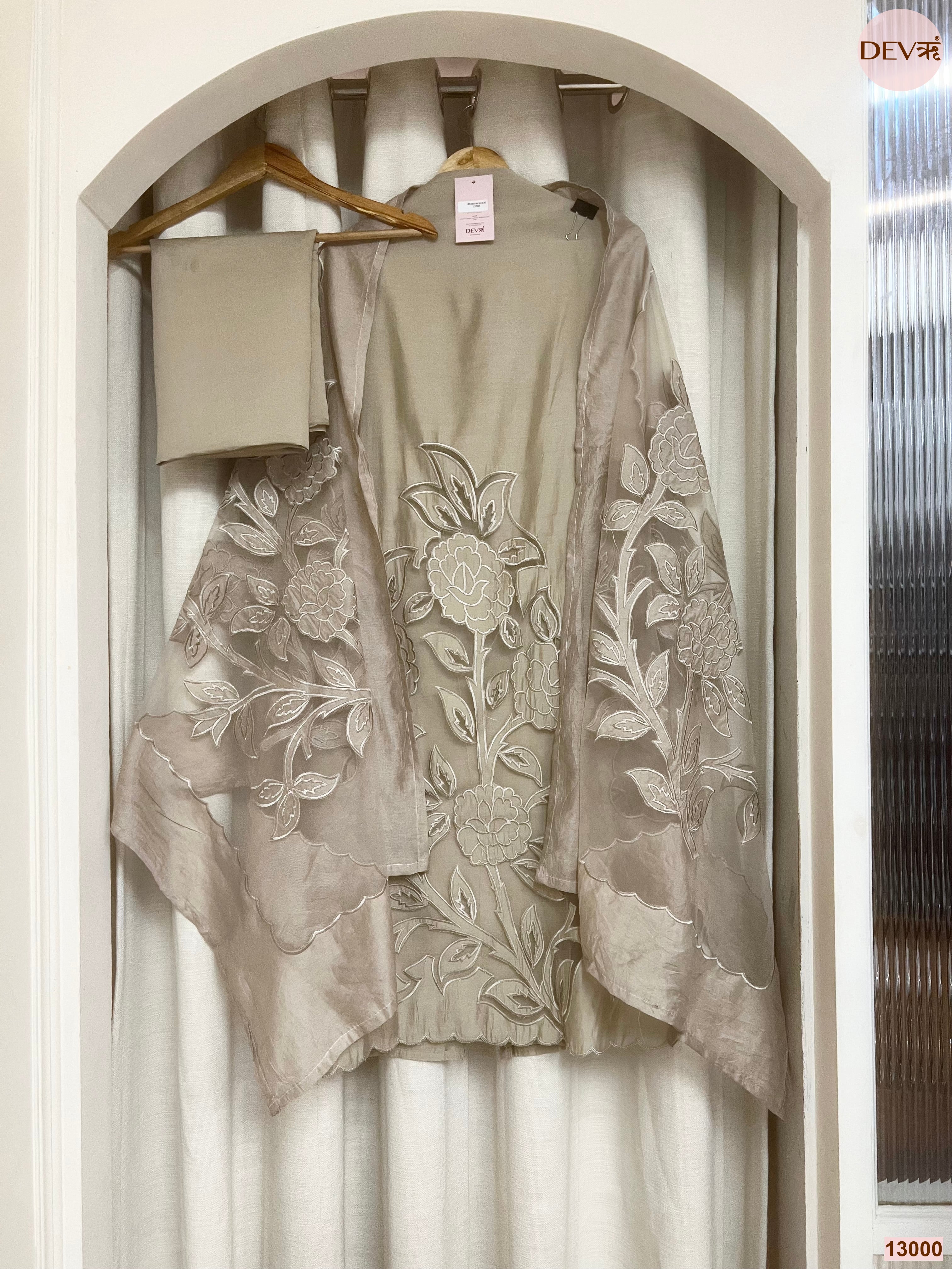Beige Roman Silk Embroidered Unstitched 3-Piece Suit (Devri – D.No 13000)