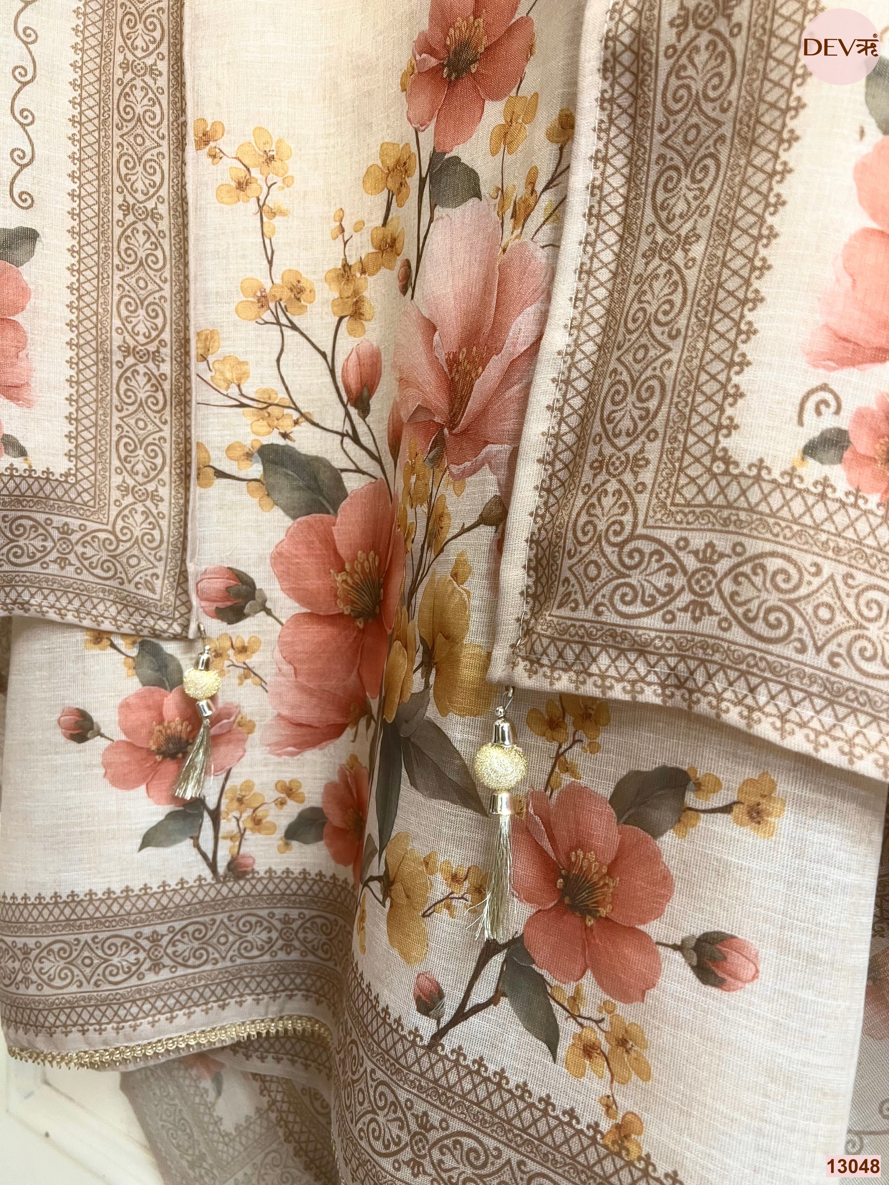 Beige Linen Printed Unstitched 3-Piece Suit (Devri – D.No 13048)