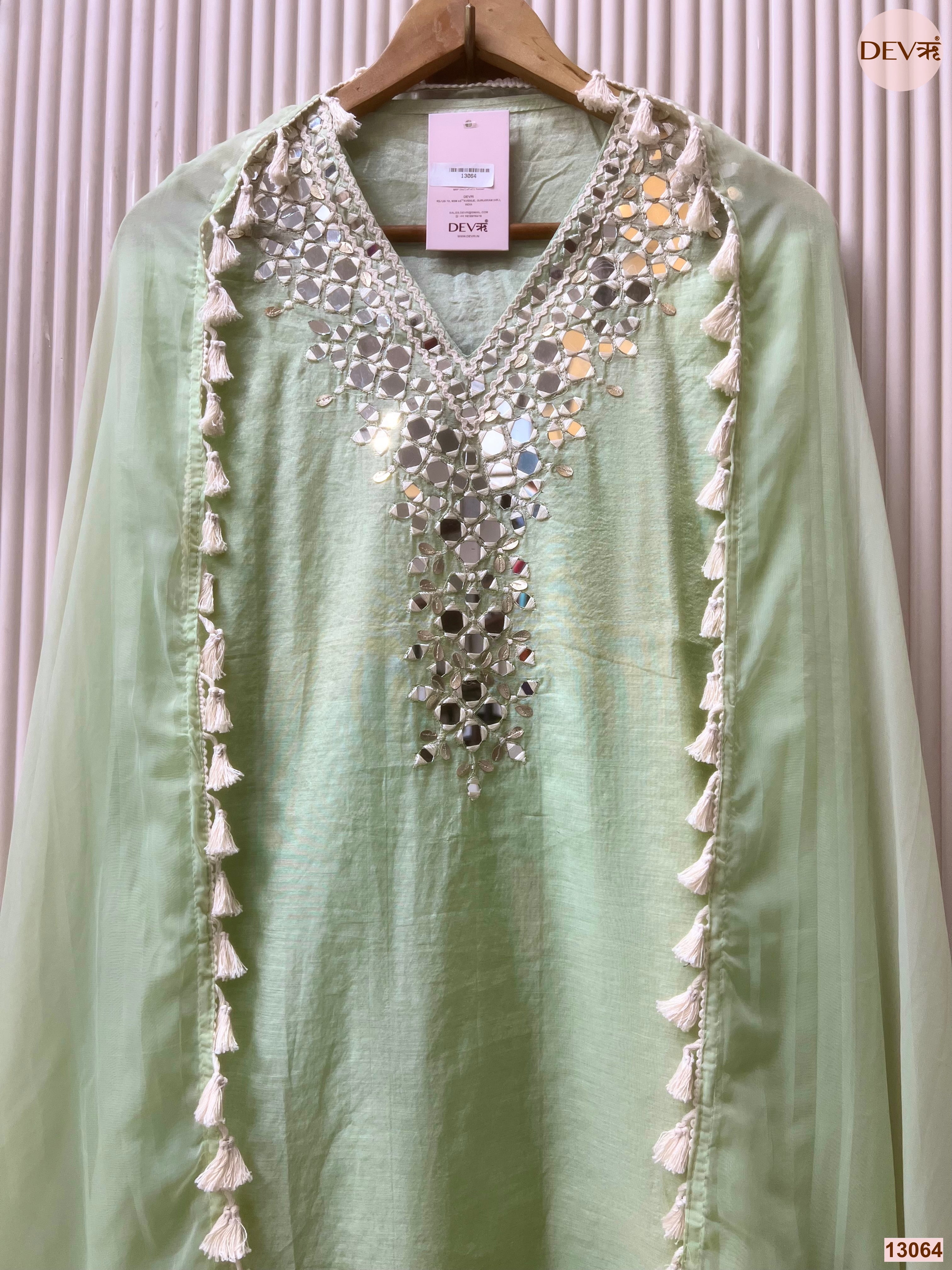 Mint Mul Cotton Hand Unstitched 3-Piece Suit (Devri – D.No 13064)