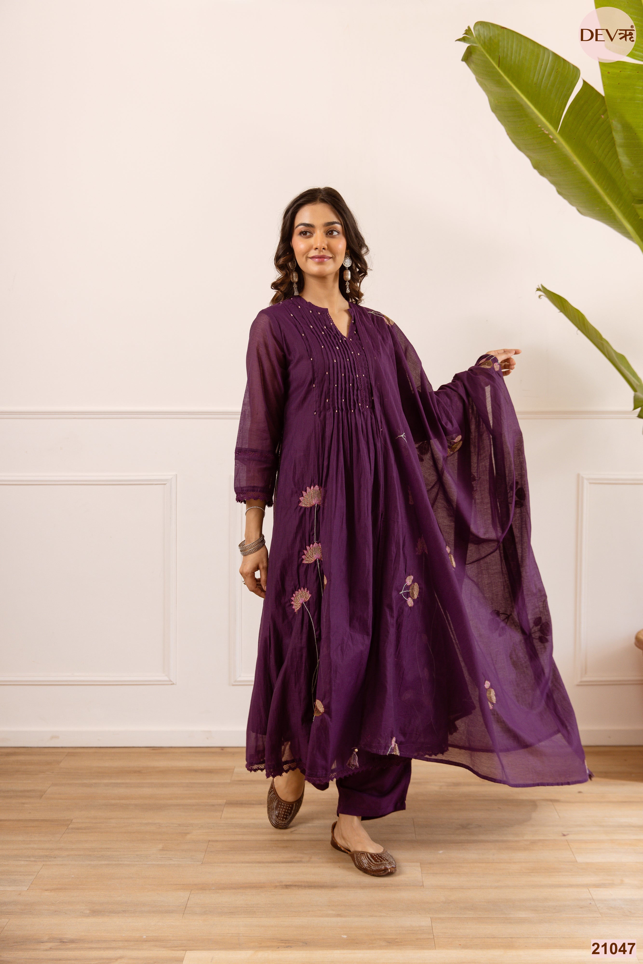 Meher Net Chanderi Embroidered Purple 3-Piece Set (Devri – D.No 21047)