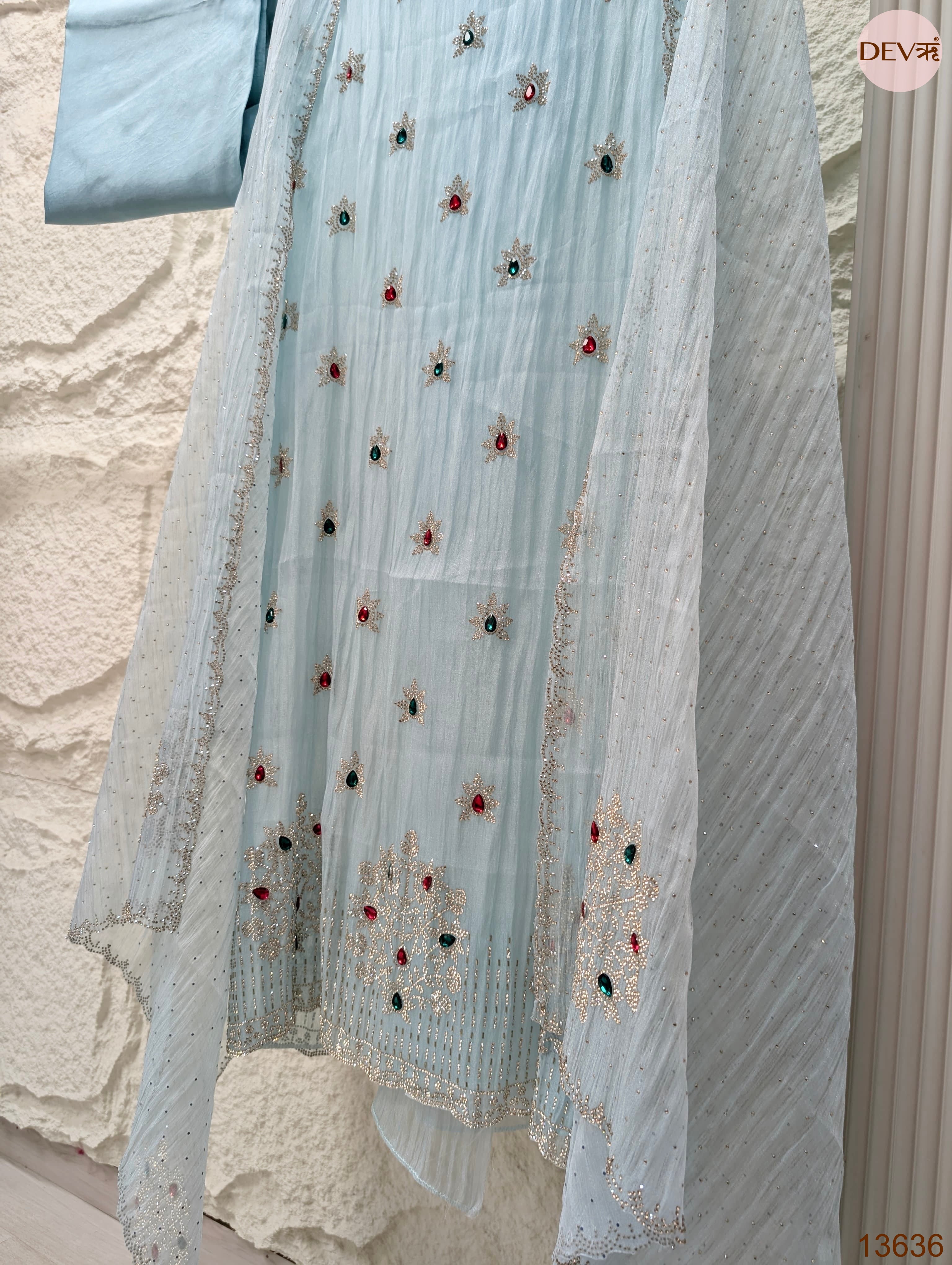 Blue Pure Organza Silk Hand Unstitched 3-Piece Suit (Devri – D.No 13636)