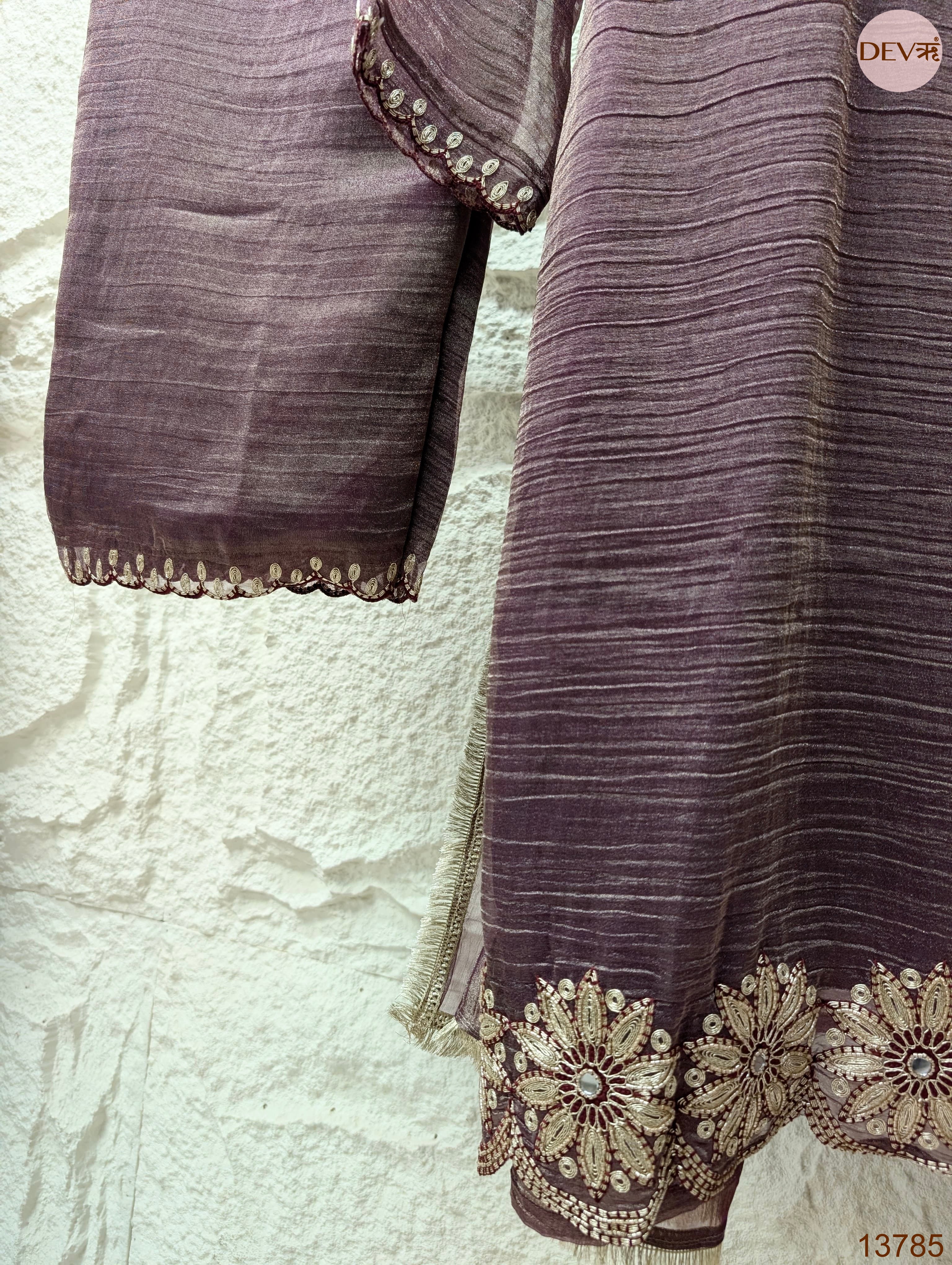 Varnika Tissue crush silk Embroidered Mauve 3-Piece Set (Devri – D.No 13785)