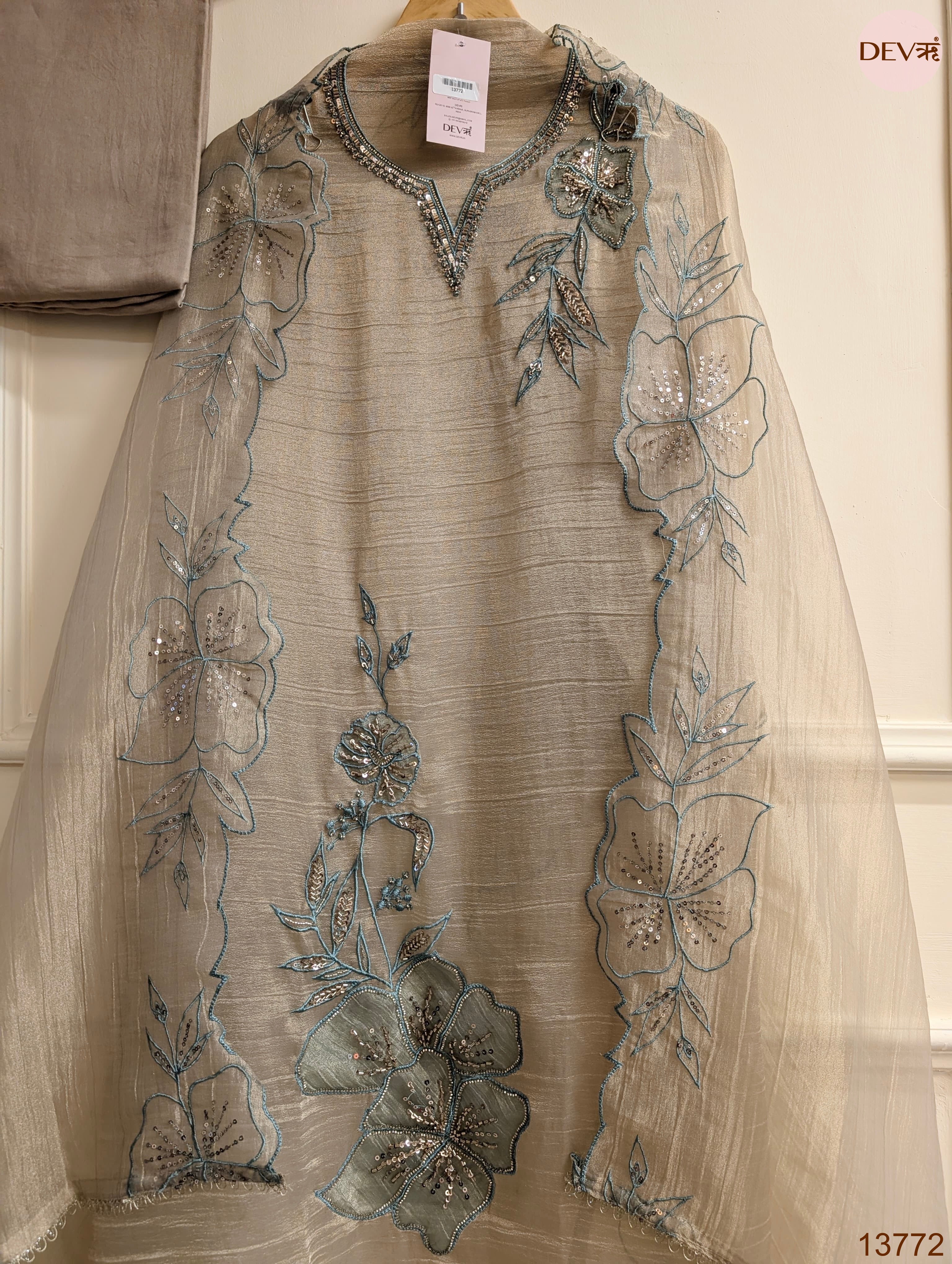 Taupe Crush Tissue Silk Embroidered Unstitched 3-Piece Suit (Devri – D.No 13772)