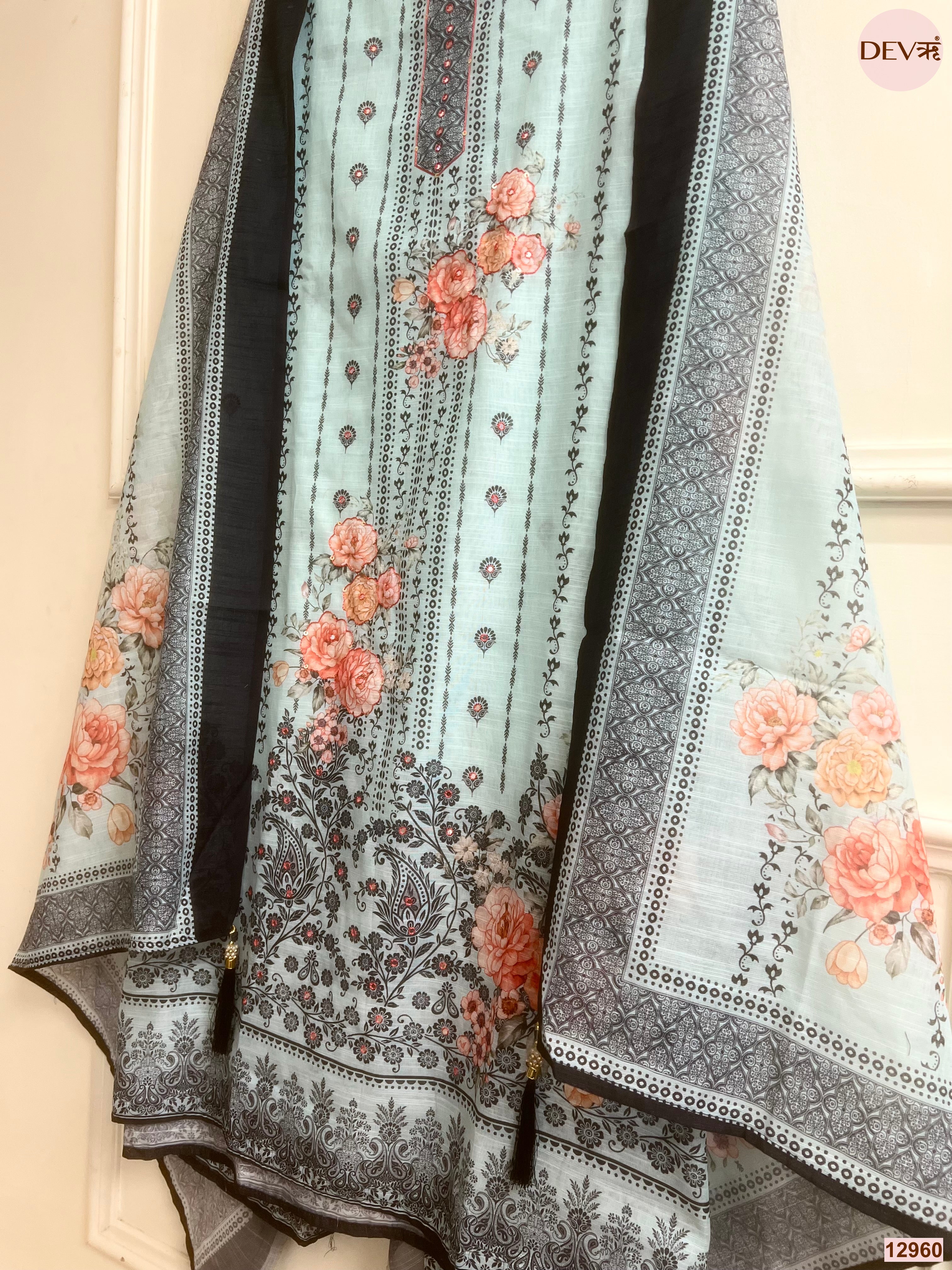 Blue Linen Cotton Printed Unstitched 3-Piece Suit (Devri – D.No 12960)