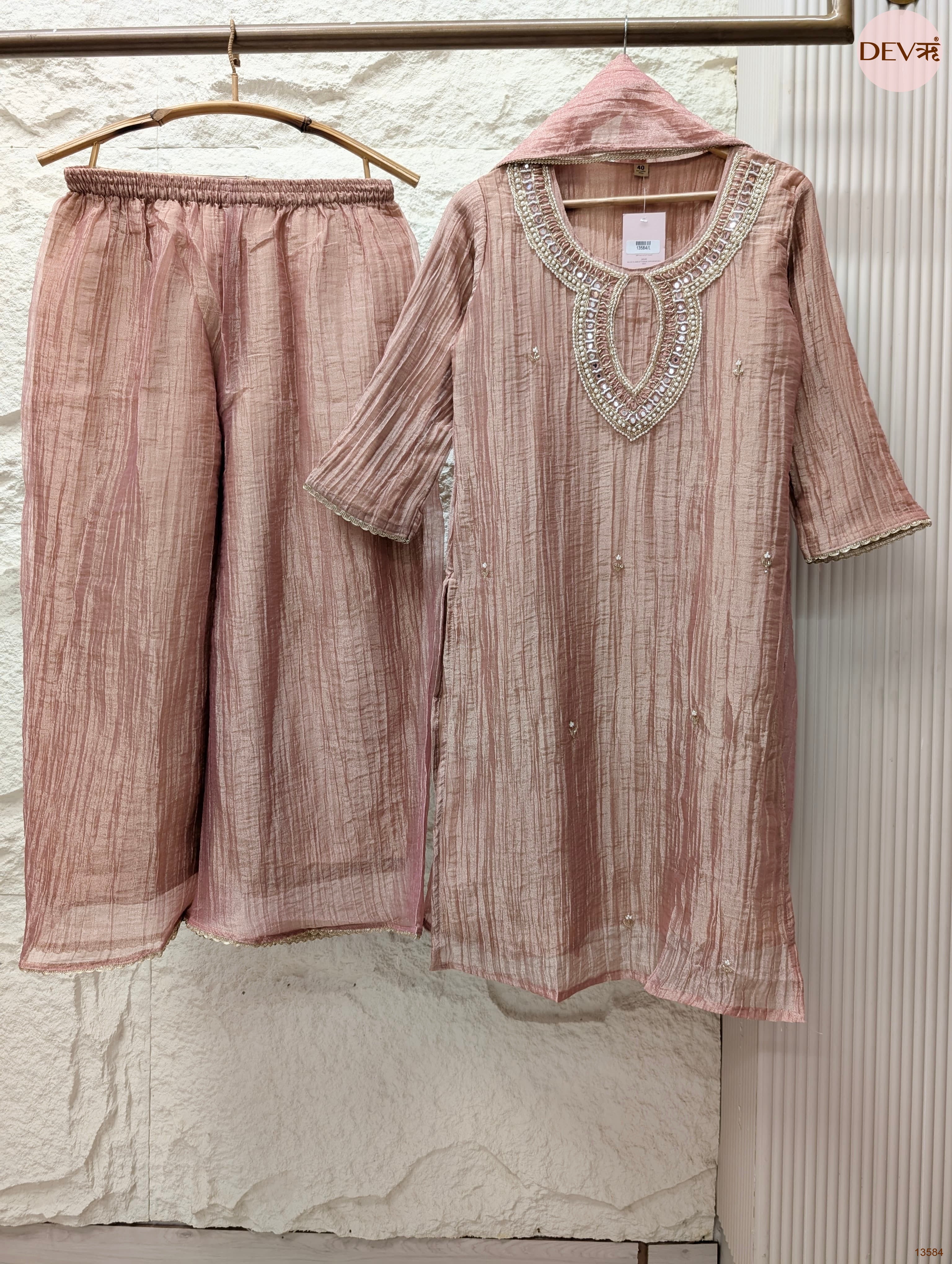 Gulnaar Tissue crush silk Embroidered Dusty Pink 3-Piece Set (Devri – D.No 13584)