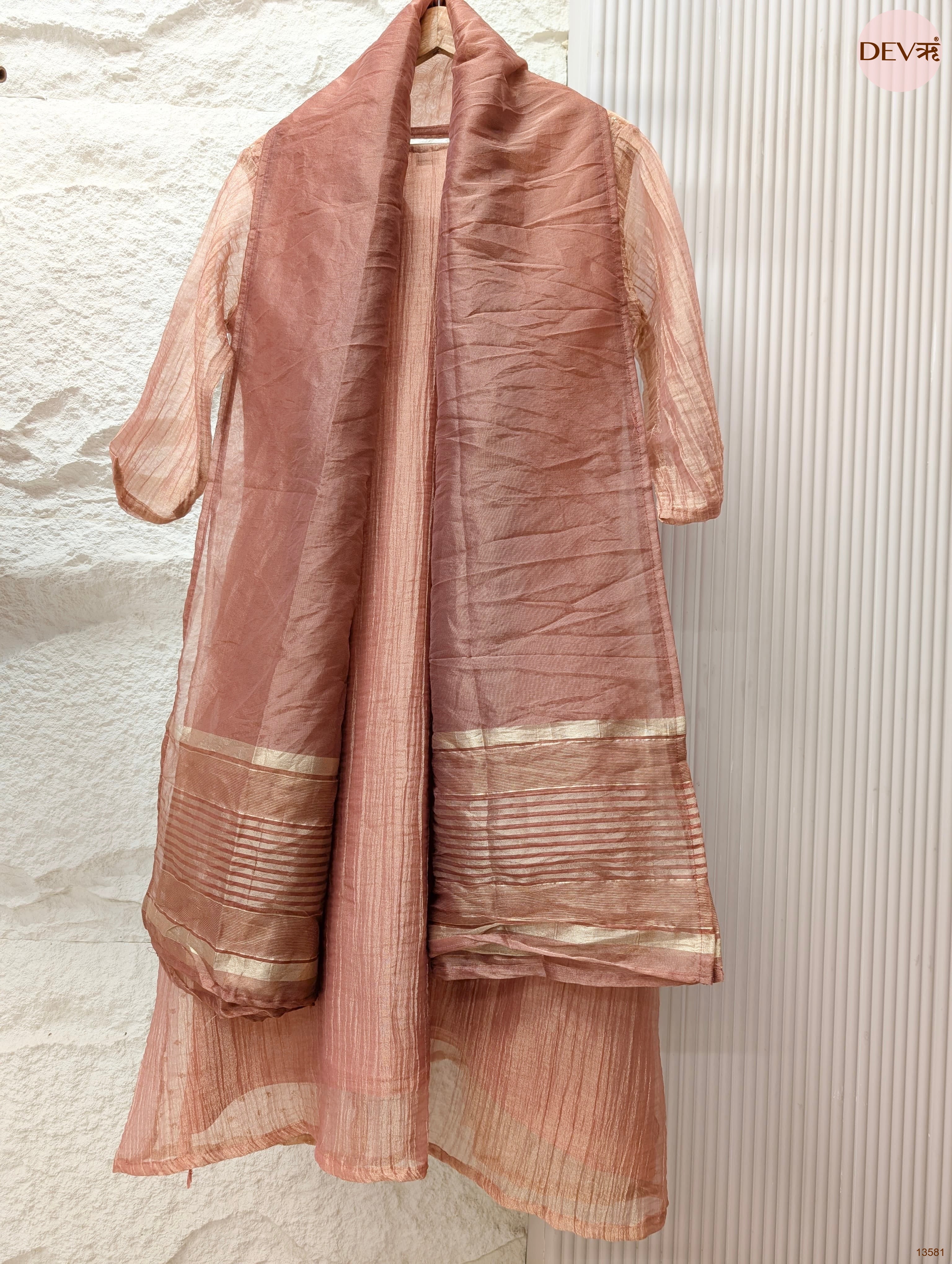 Gulnaar Tissue crush silk Embroidered Peach 3-Piece Set (Devri – D.No 13581)