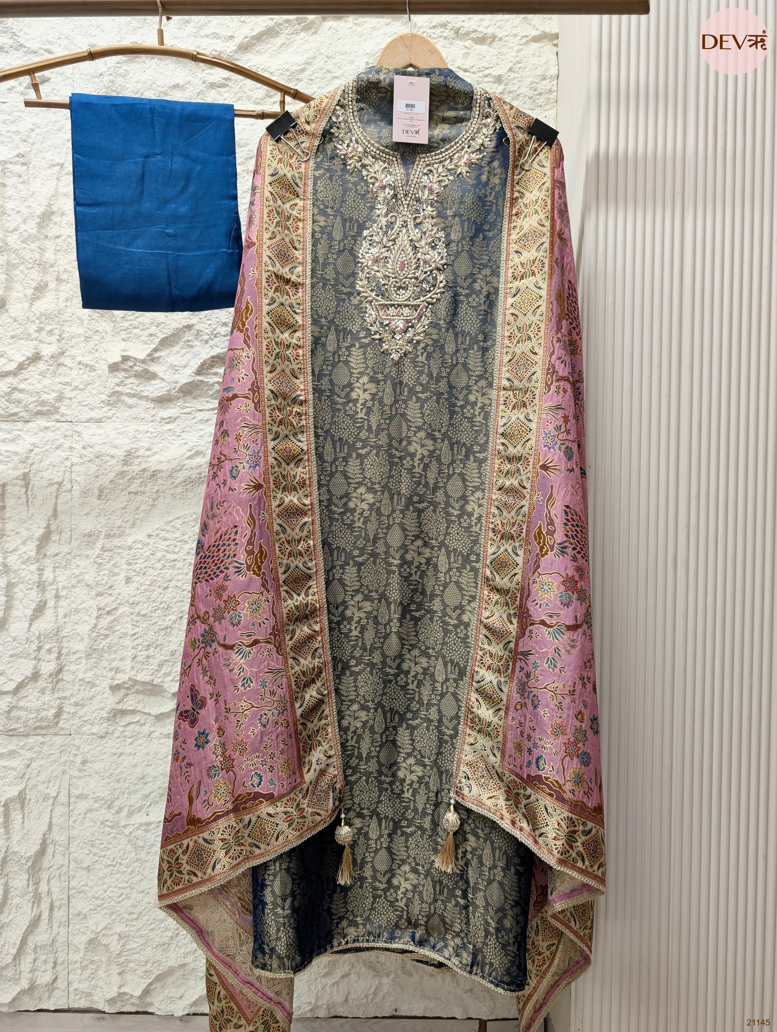 Blue Pure Banarasi Woven Silk Embroidered Unstitched 3-Piece Suit (Devri – D.No 21145)