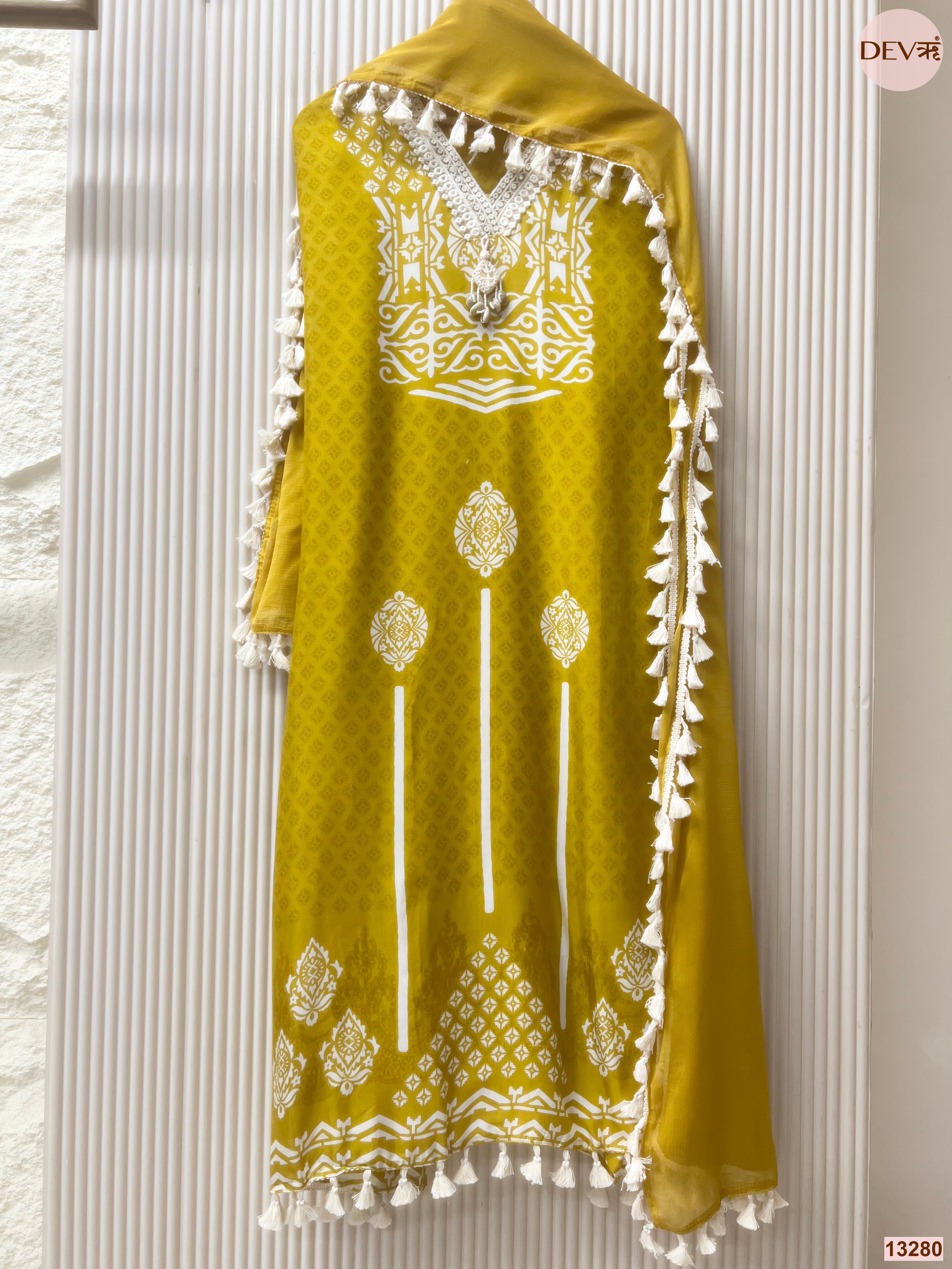 Mustard Muslin Printed Unstitched 3-Piece Suit (Devri – D.No 13280)