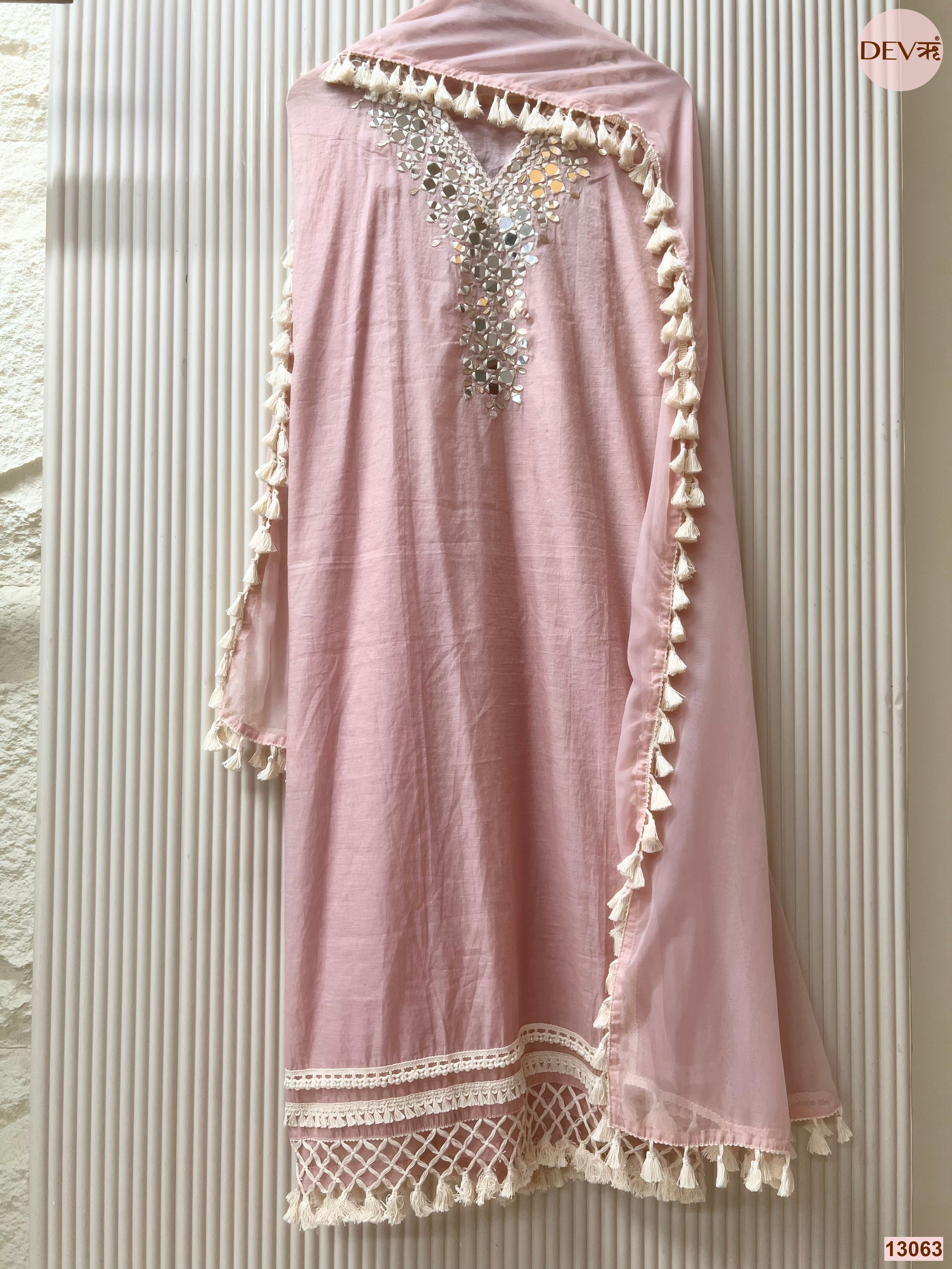 Pink Mul Cotton Hand Unstitched 3-Piece Suit 13063