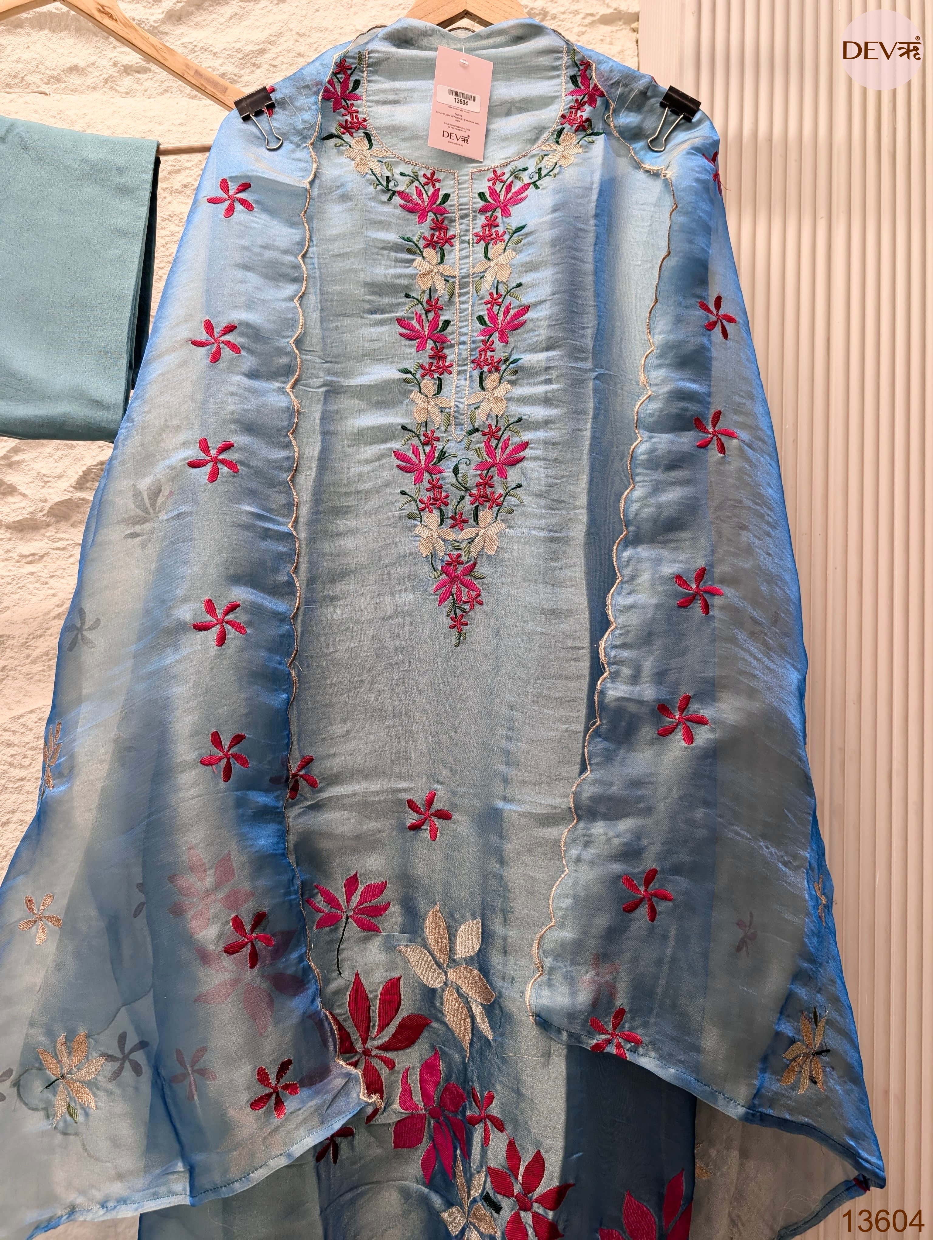 Blue Crush Tissue Silk Embroidered Unstitched 3-Piece Suit (Devri – D.No 13604)