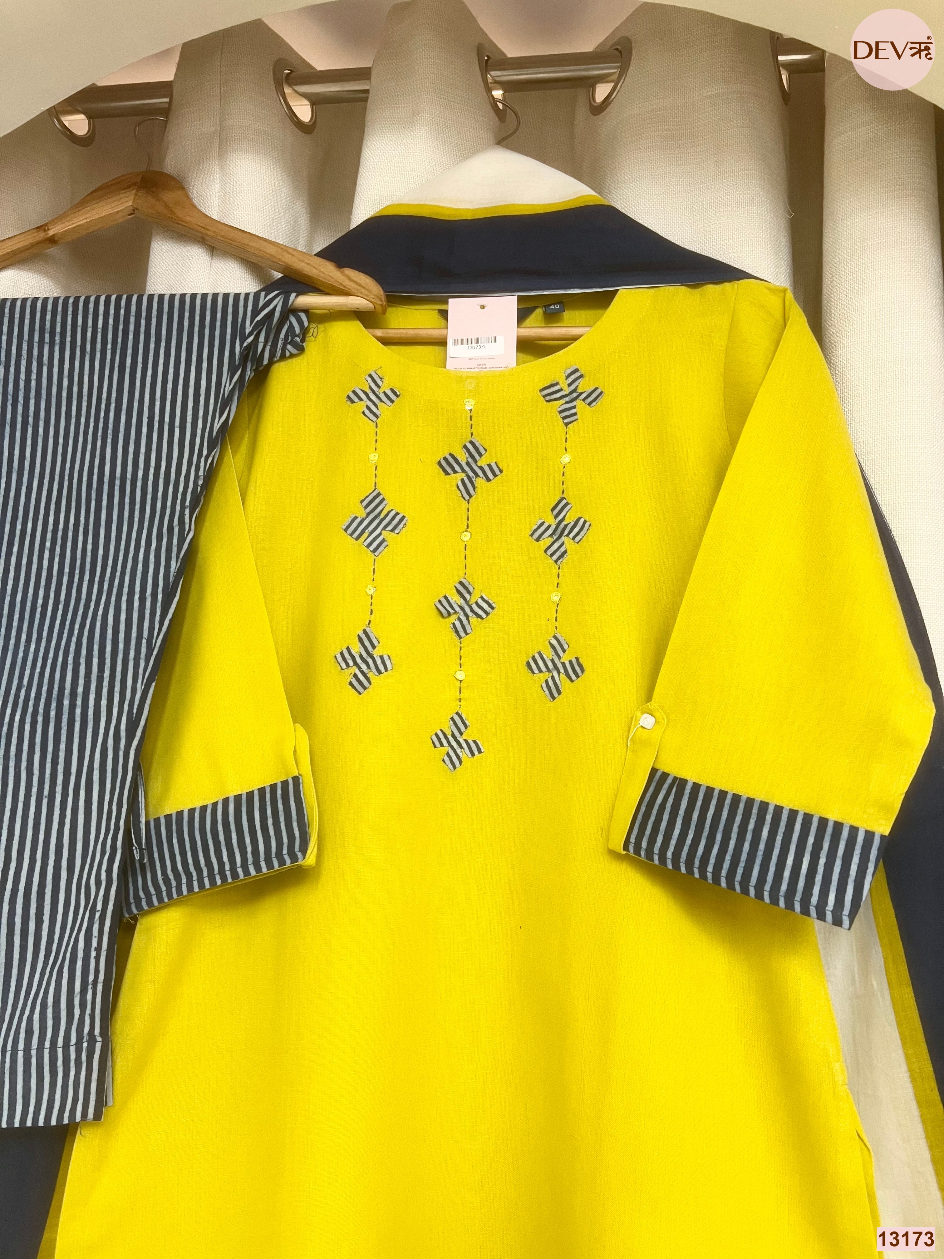 Ruhani Pure Cotton Embroidered Yellow 3-Piece Set (Devri – D.No 13173)
