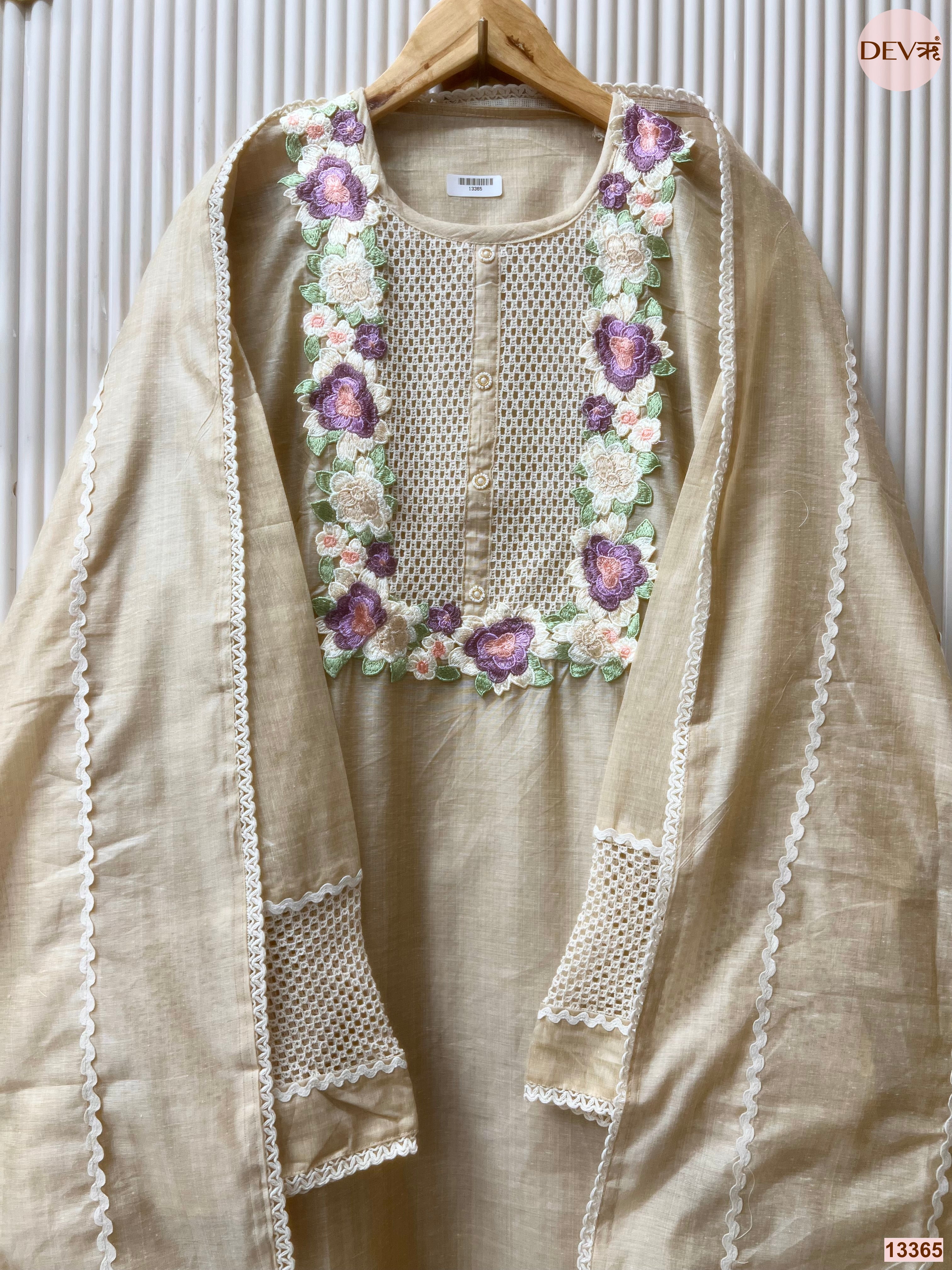 Beige Mul Chanderi Embroidered Unstitched 3-Piece Suit (Devri – D.No 13365)