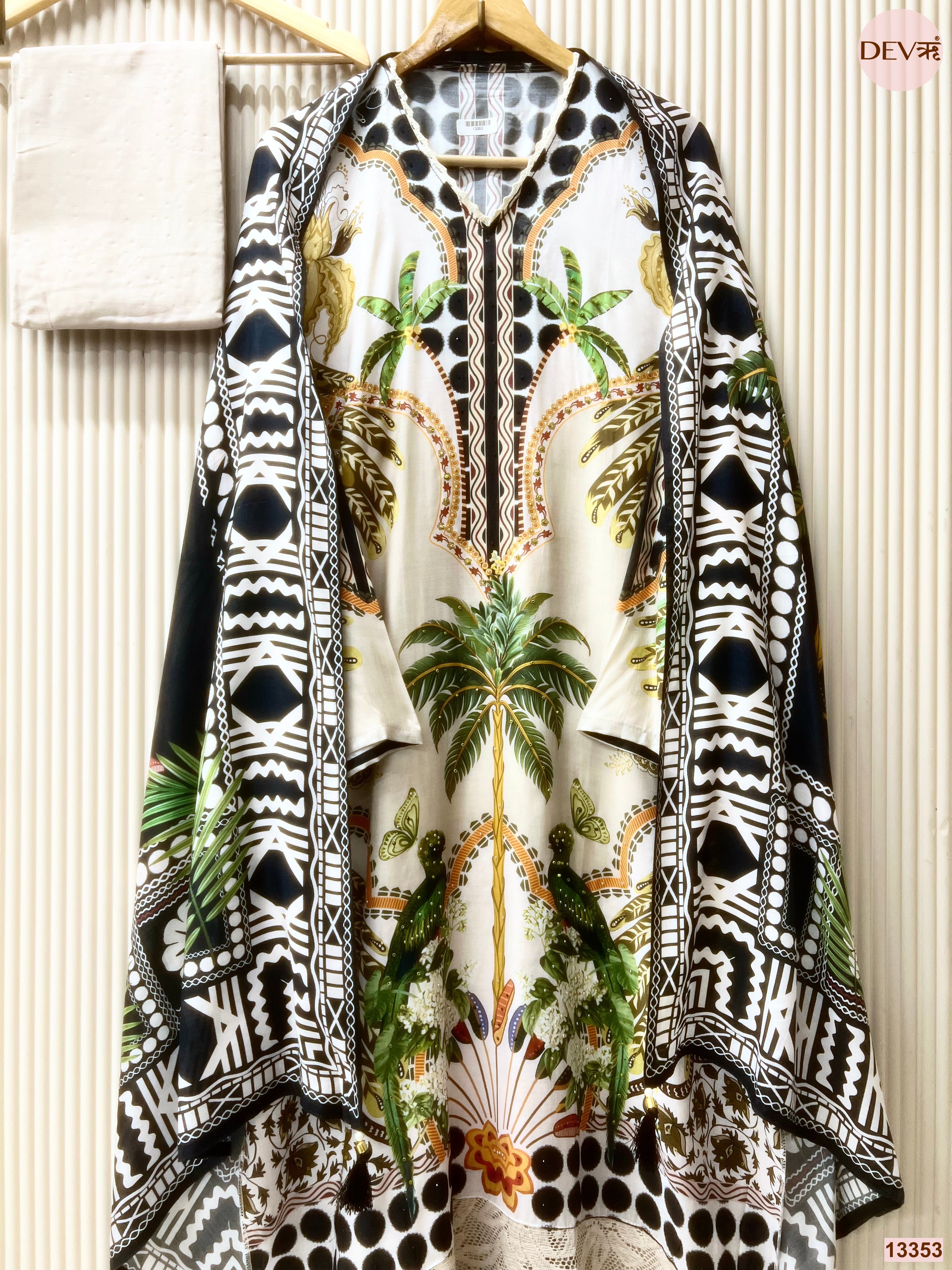 White Muslin Printed Unstitched 3-Piece Suit (Devri – D.No 13353)
