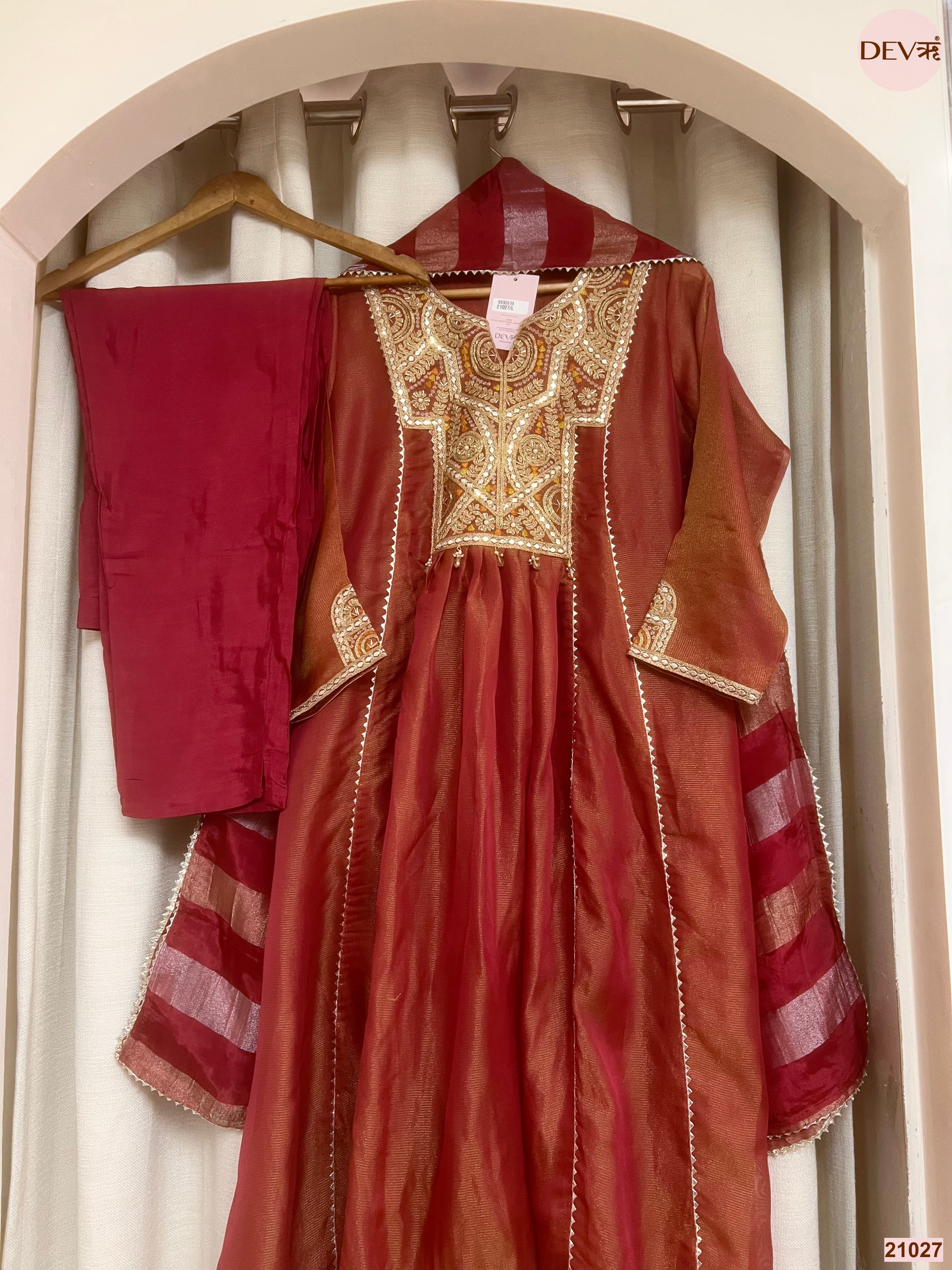 Zarmina Tissue silk Embroidered Rust 3-Piece Set (Devri – D.No 21027)