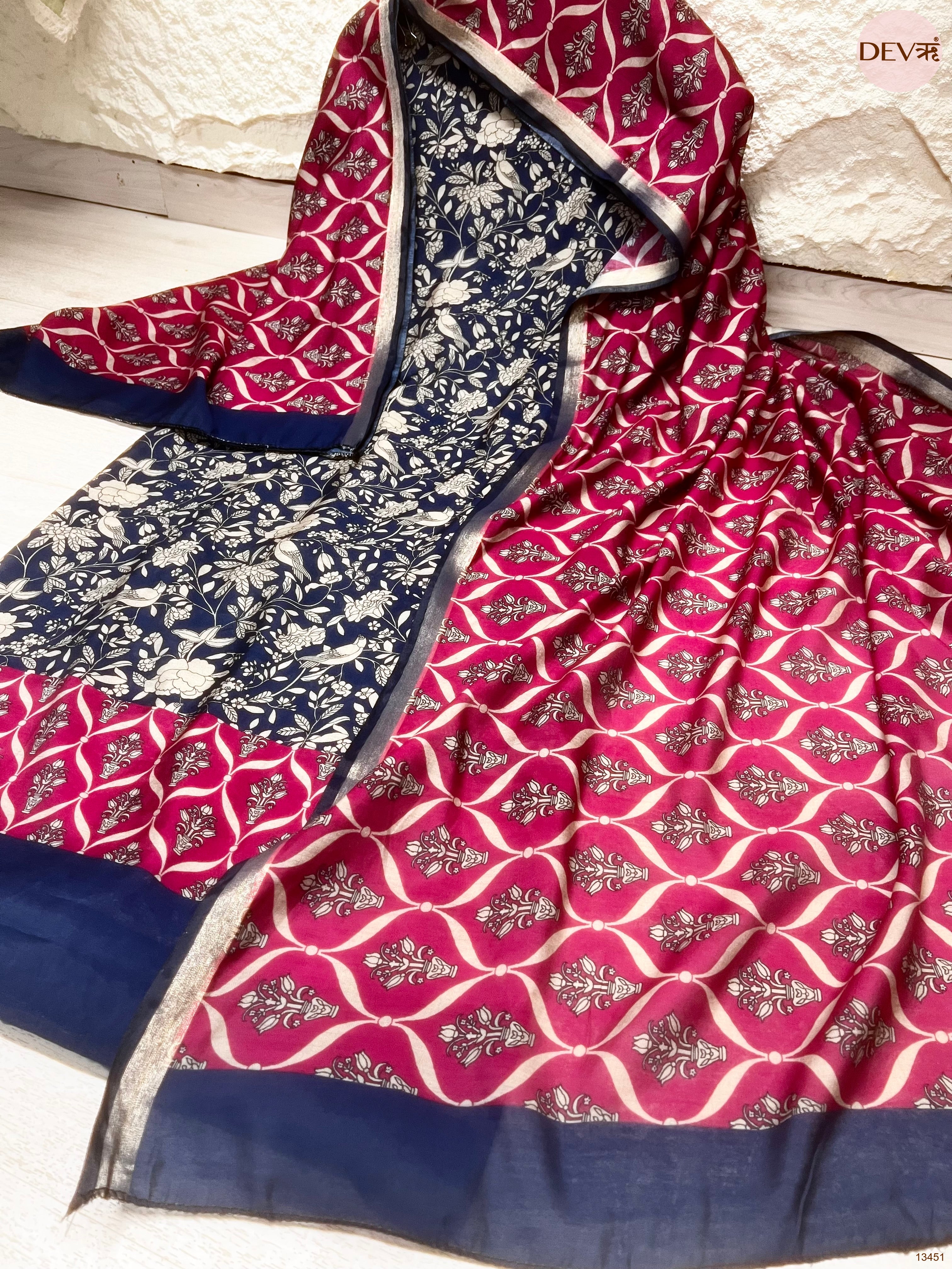 Navy Maheshwari Silk Printed Unstitched 3-Piece Suit (Devri – D.No 13451)