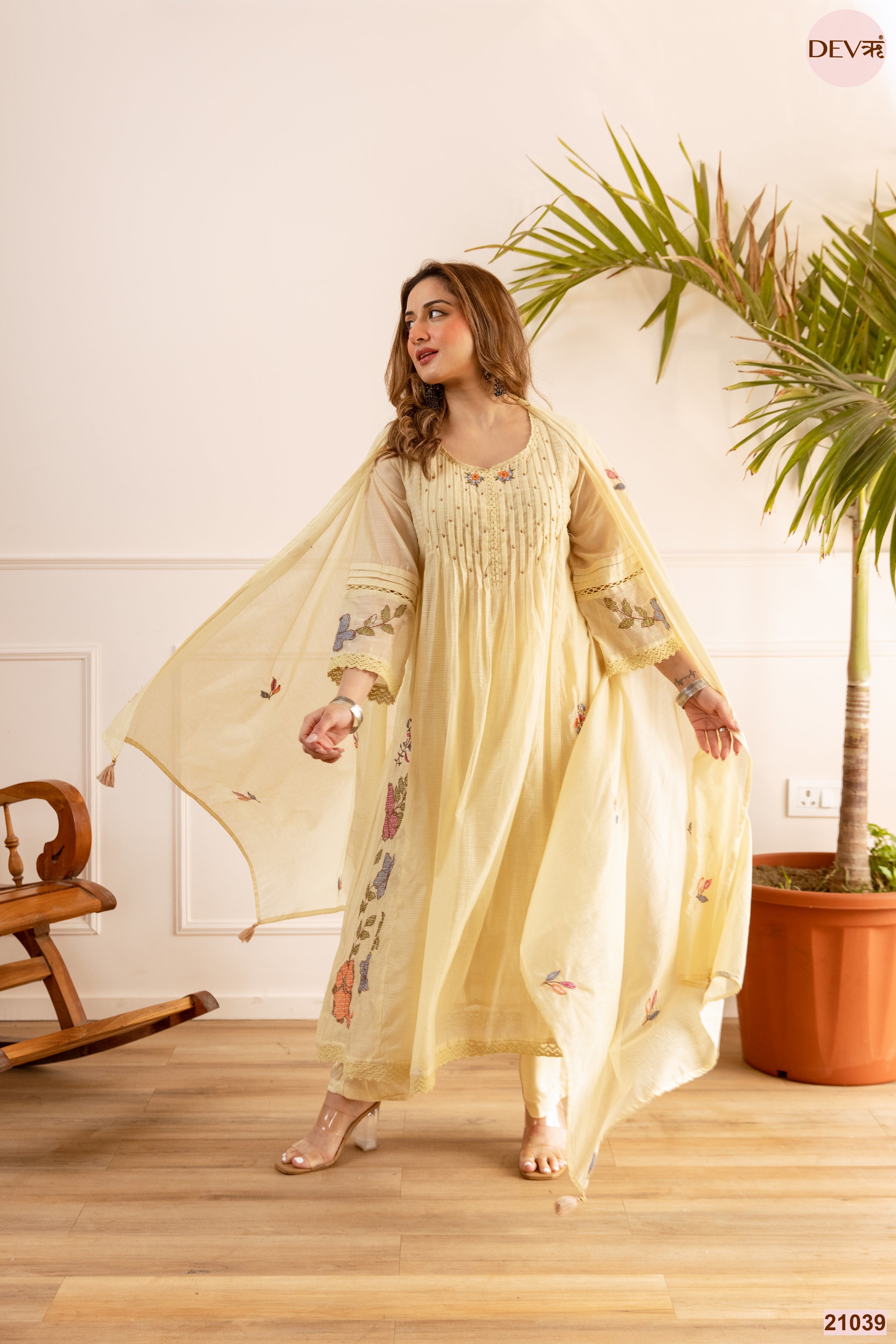 Gulnaar Net Chanderi Embroidered Yellow 3-Piece Set (Devri – D.No 21039)