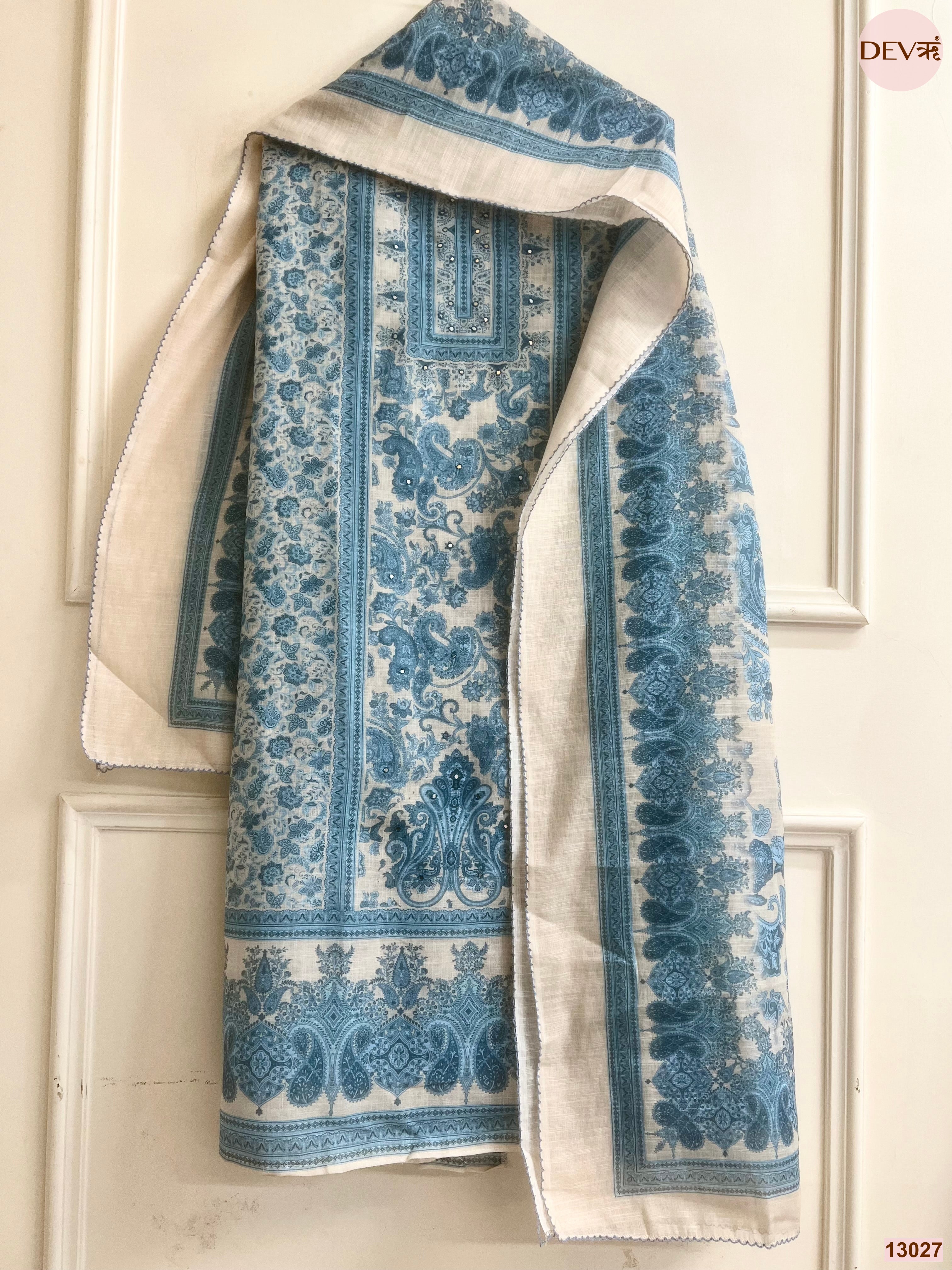 Off White Linen Printed Unstitched 3-Piece Suit (Devri – D.No 13027)