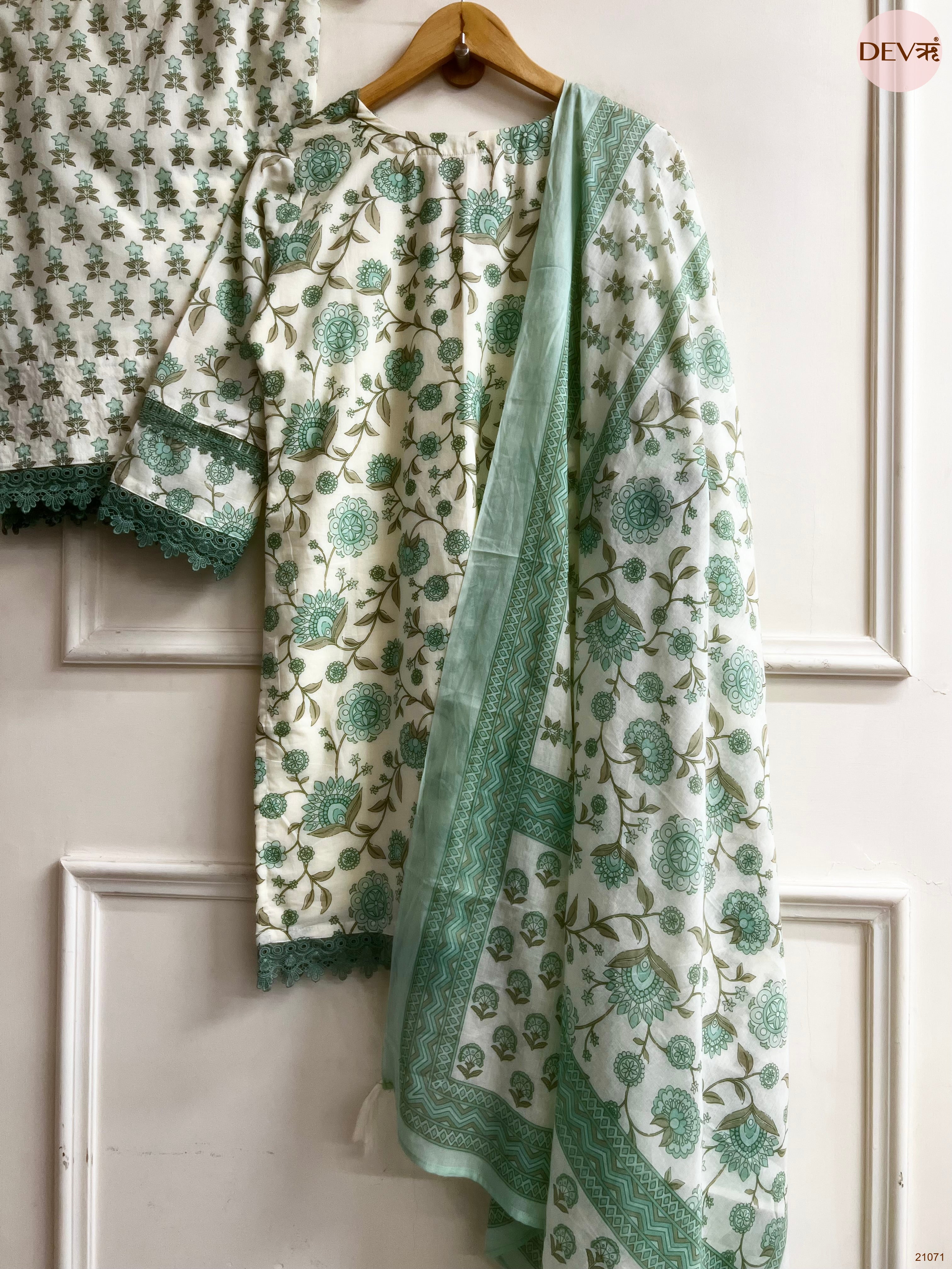 Gulnaar Pure cotton Printed Mint Green 3-Piece Set (Devri – D.No 21071)