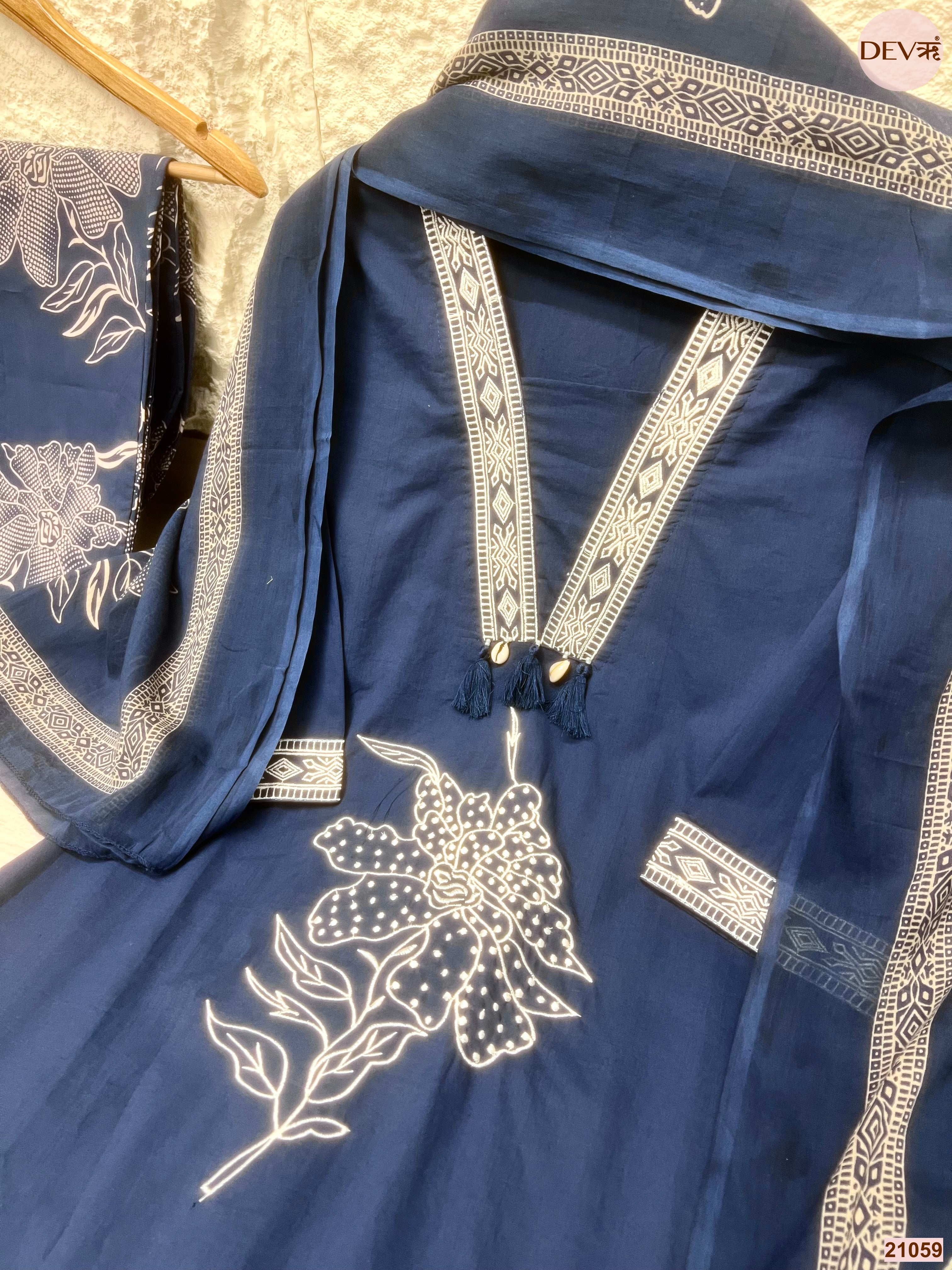 Neelambari Cotton Slub Printed Navy Blue 3-Piece Set (Devri – D.No 21059)
